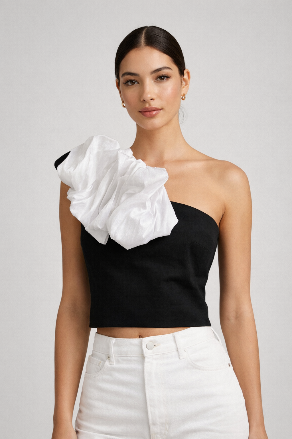 linen one shoulder top with white application
