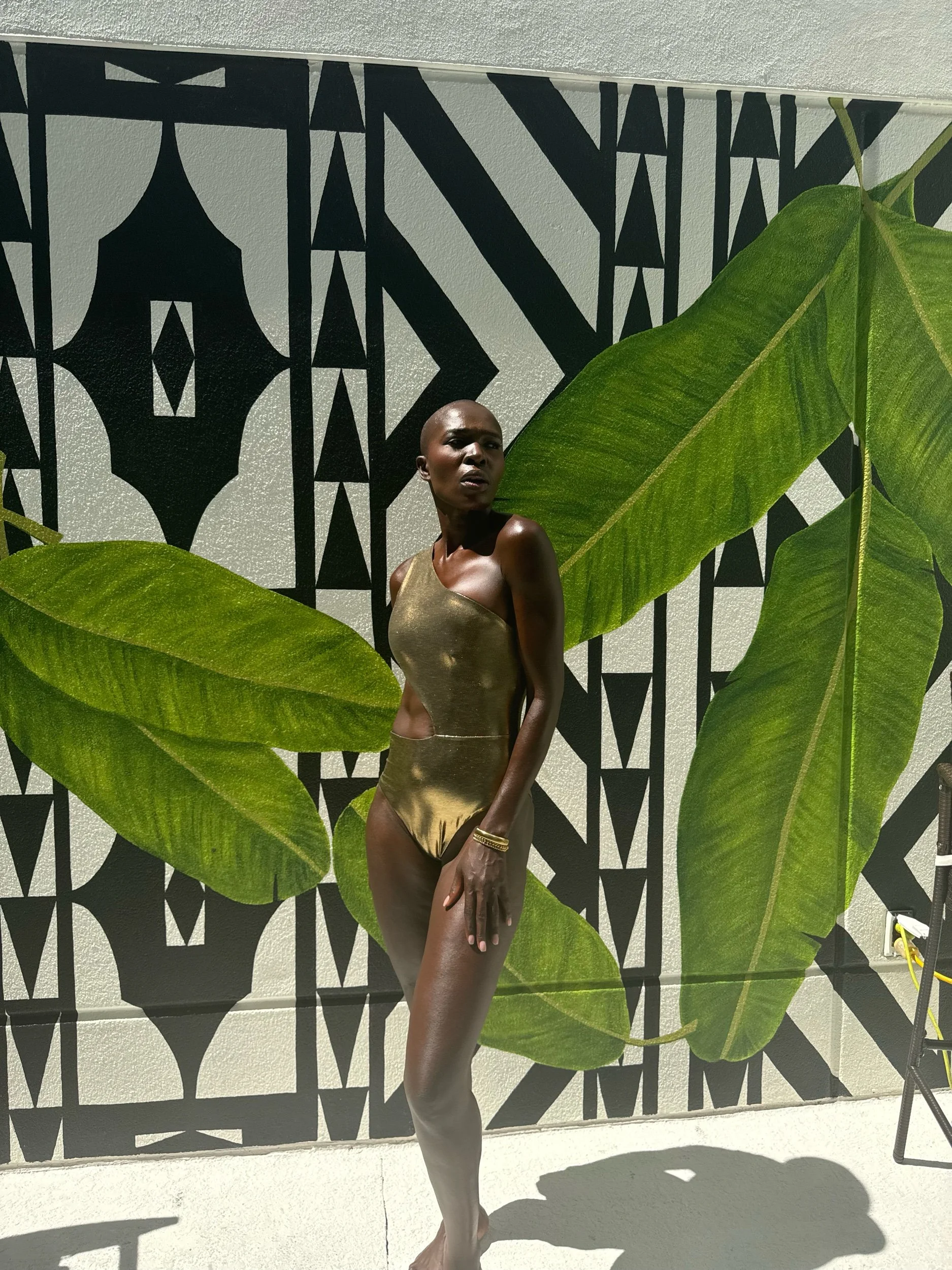 one shoulder gold swimsuit