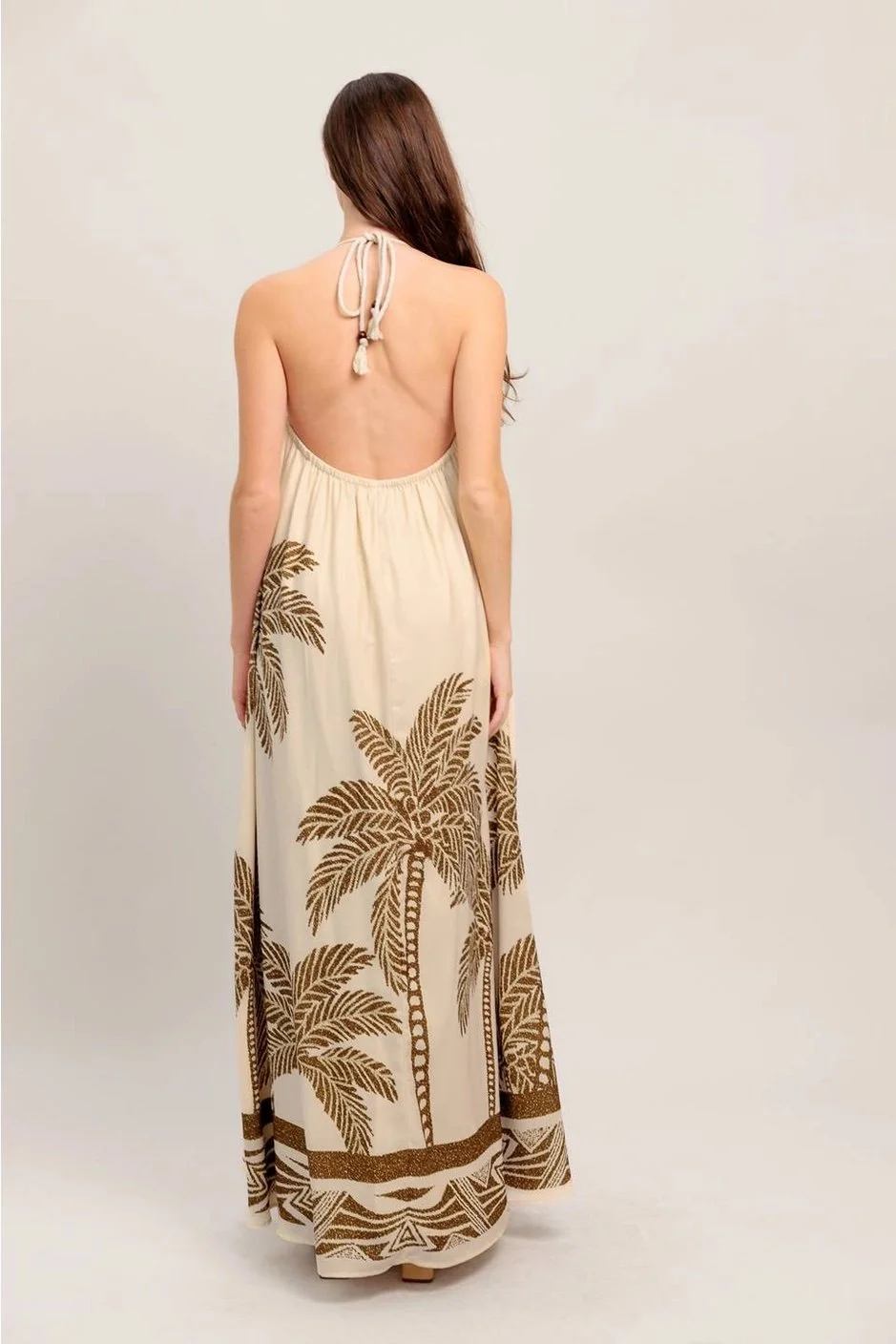 Palm Print Open-Back Halter Maxi Dress