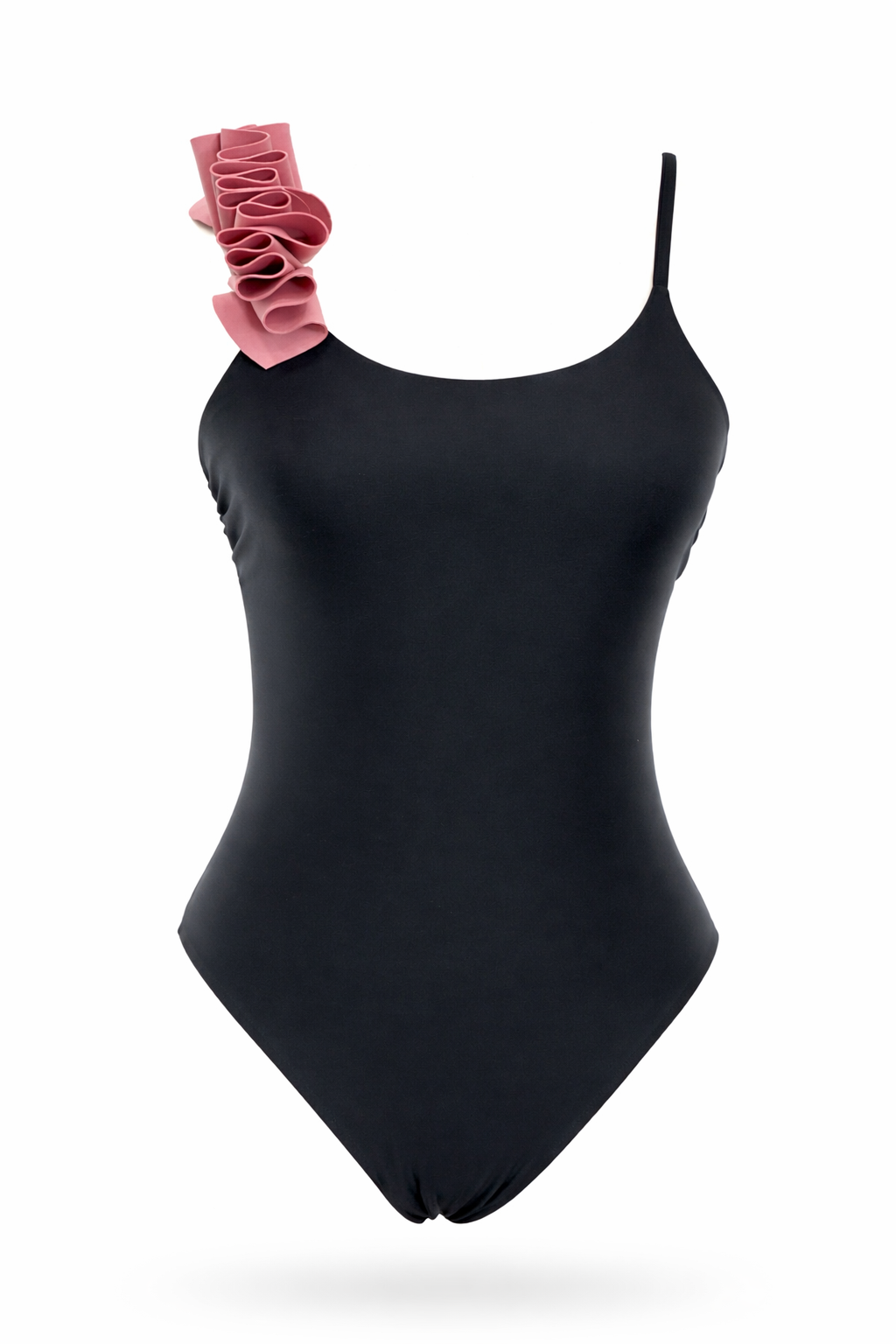 Woman wearing DePalma World La Rosa black one-piece swimsuit with dusty rose sculptural ruffle shoulder
