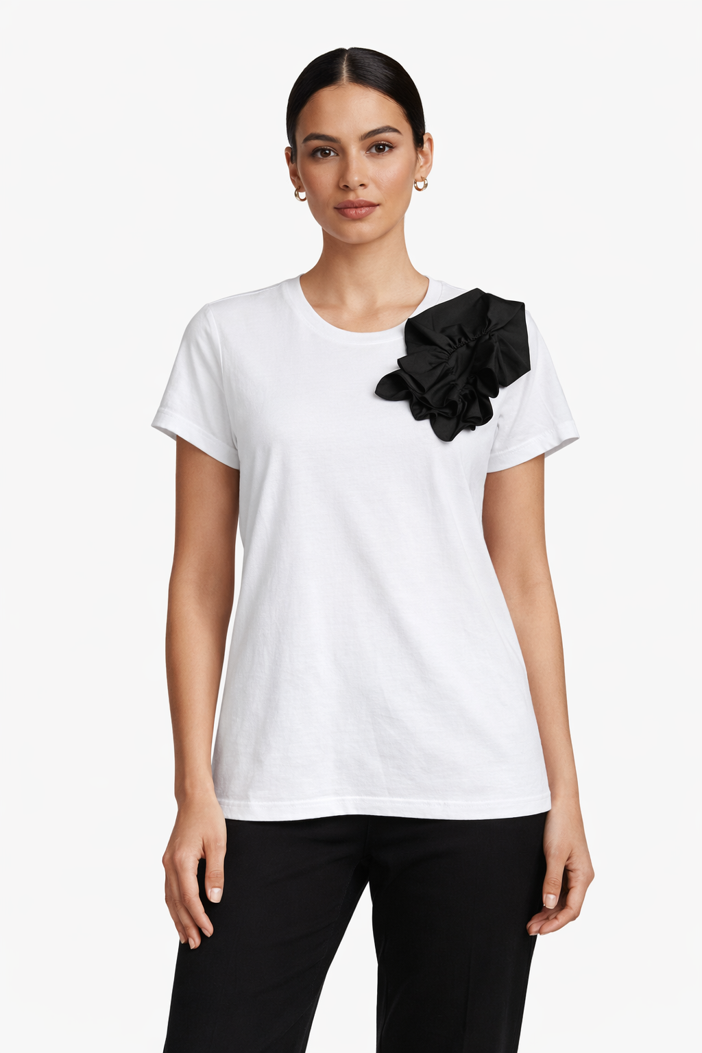 Handmade White Cotton T-Shirt with Black Shoulder Detail