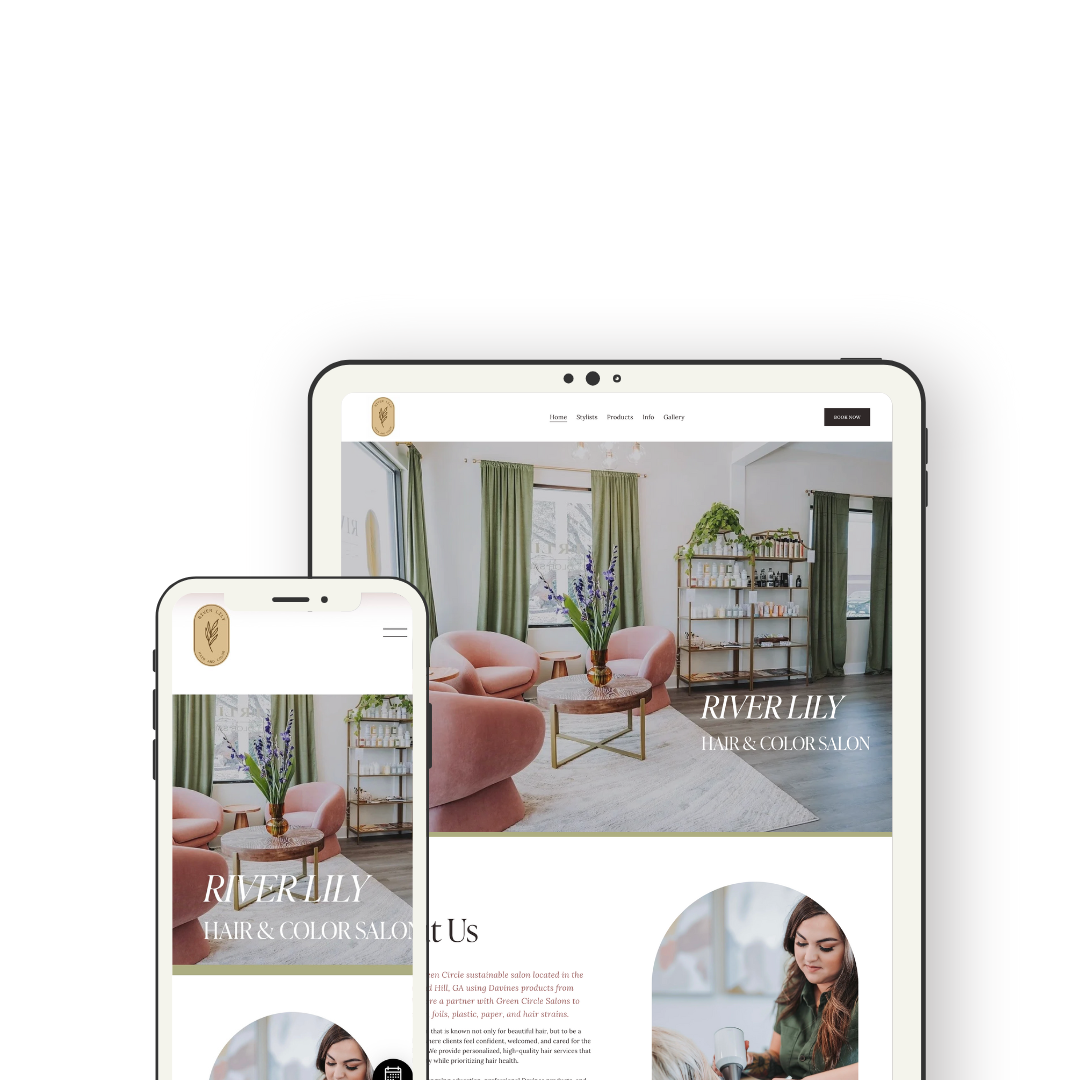 A website displayed on a tablet and a smartphone, showing the homepage of River Lily Hair & Color Salon, with a photo of a salon interior featuring pink chairs, a wooden table with a plant, and green curtains.