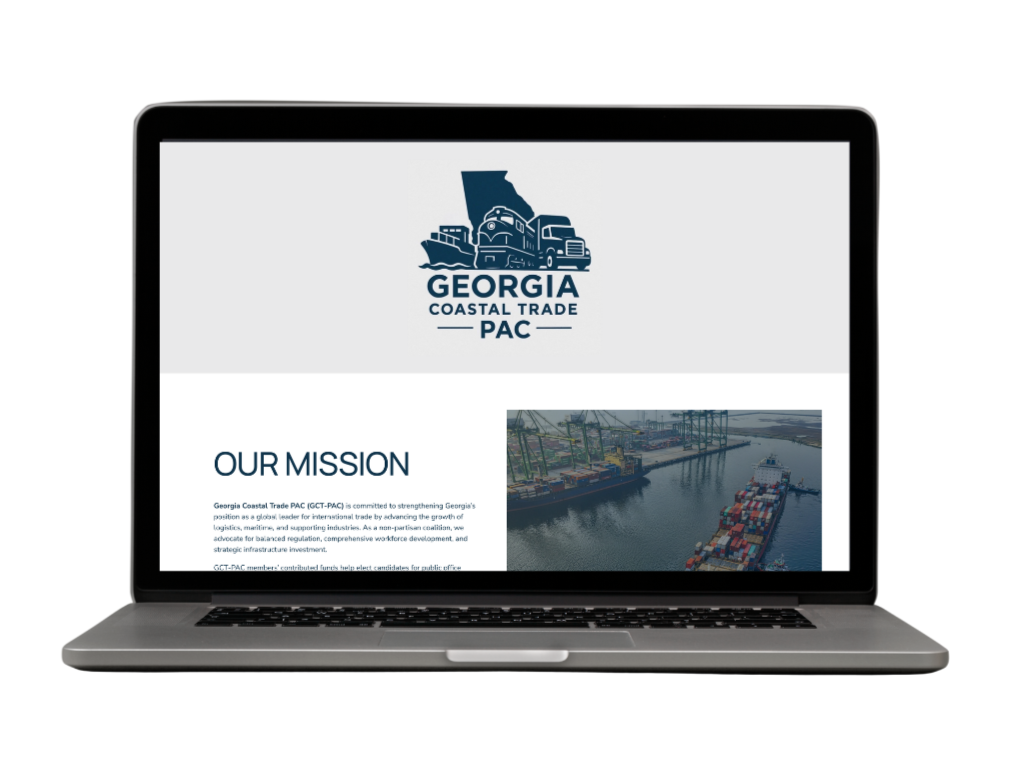 Laptop displaying the Georgia Coastal Trade PAC website with the organization's logo, a map of Georgia with a ship, truck, and cargo boat, and a section about their mission.