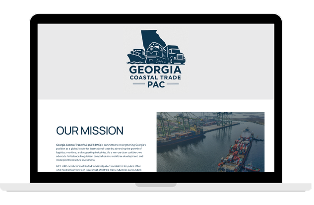 Laptop displaying the Georgia Coastal Trade PAC website with the organization's logo, a map of Georgia with a ship, truck, and cargo boat, and a section about their mission.