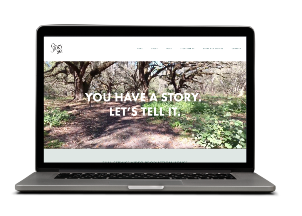 Open laptop displaying a website with a background photo of a wooded area with trees and ground covered in leaves and greenery, featuring the text 'You have a story. Let's tell it.'