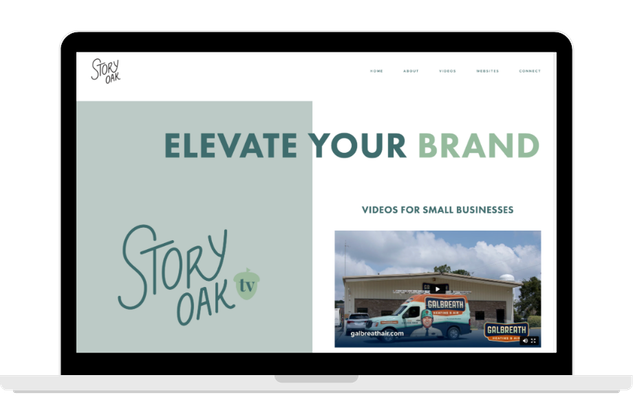 Laptop displaying a website with the headline "Elevate Your Brand" and a picture of a professional camera on a tripod, along with text promoting videos for small businesses by Story Oak TV.