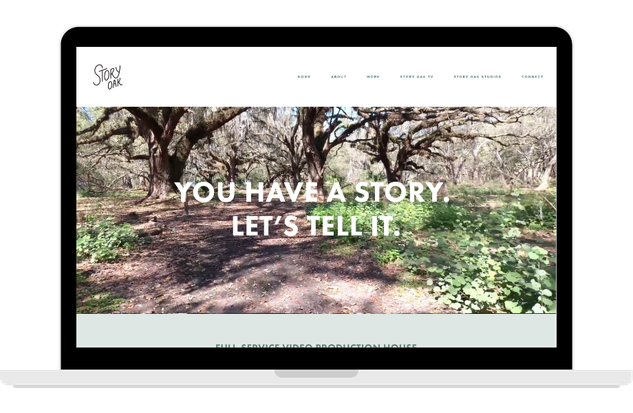 Open laptop displaying a website with a background photo of a wooded area with trees and ground covered in leaves and greenery, featuring the text 'You have a story. Let's tell it.'