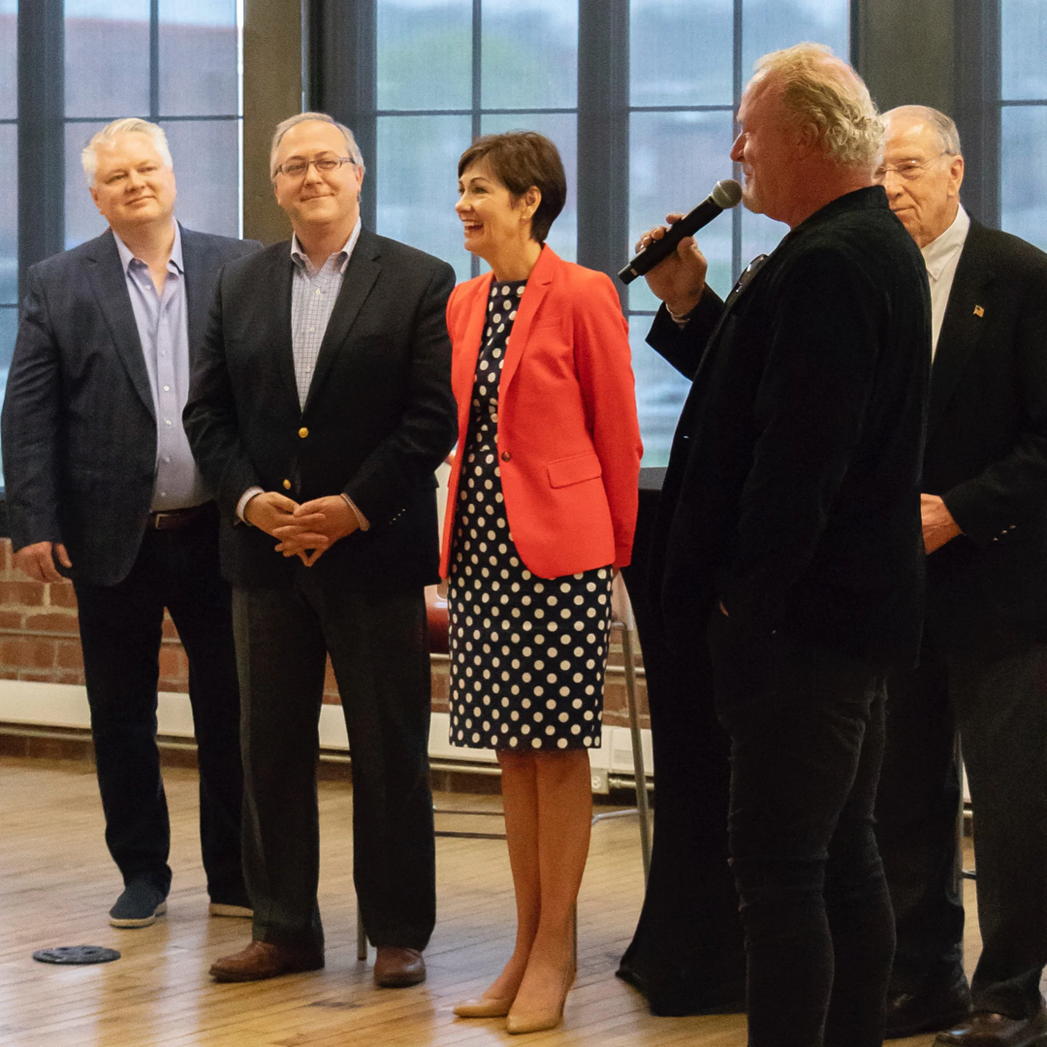 Linc Kroeger, Congressman David Young, Governor Kim Reynolds, Pillar Technology CEO Bob Myers, and Senator Chuck Grassley at The Forge