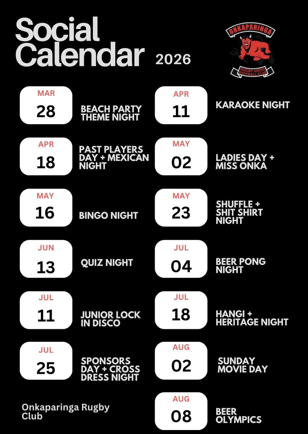 2026 Social Calendar Release — Onkaparinga Rugby Club