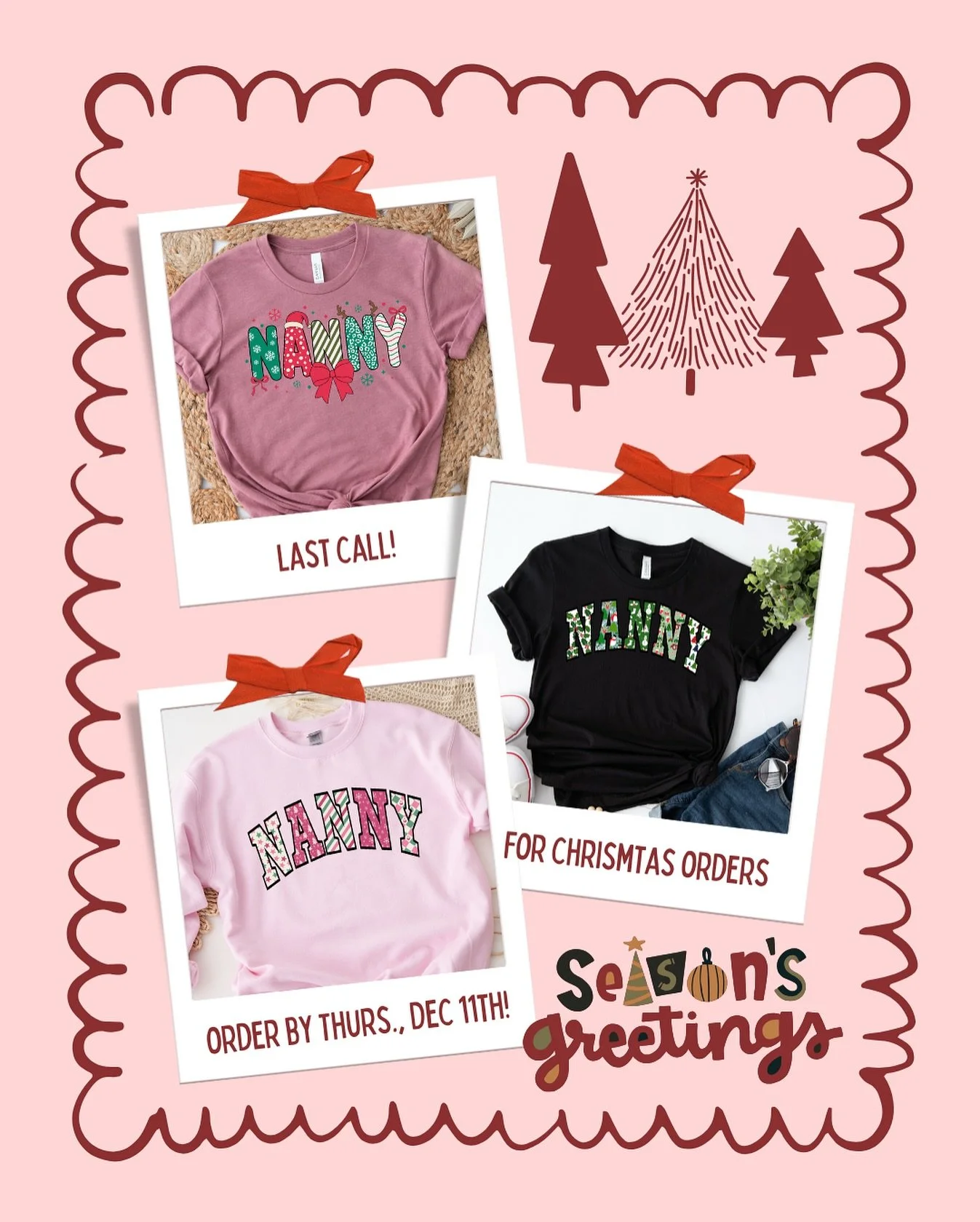 ‼️ Last call for Christmas orders!! The cutoff to order shirts for Christmas is Thursday, December 11th - which is tomorrow! All orders placed by the 11th will ship by Thursday, December 18th. You can continue to order shirts, magnets, buttons, ornam