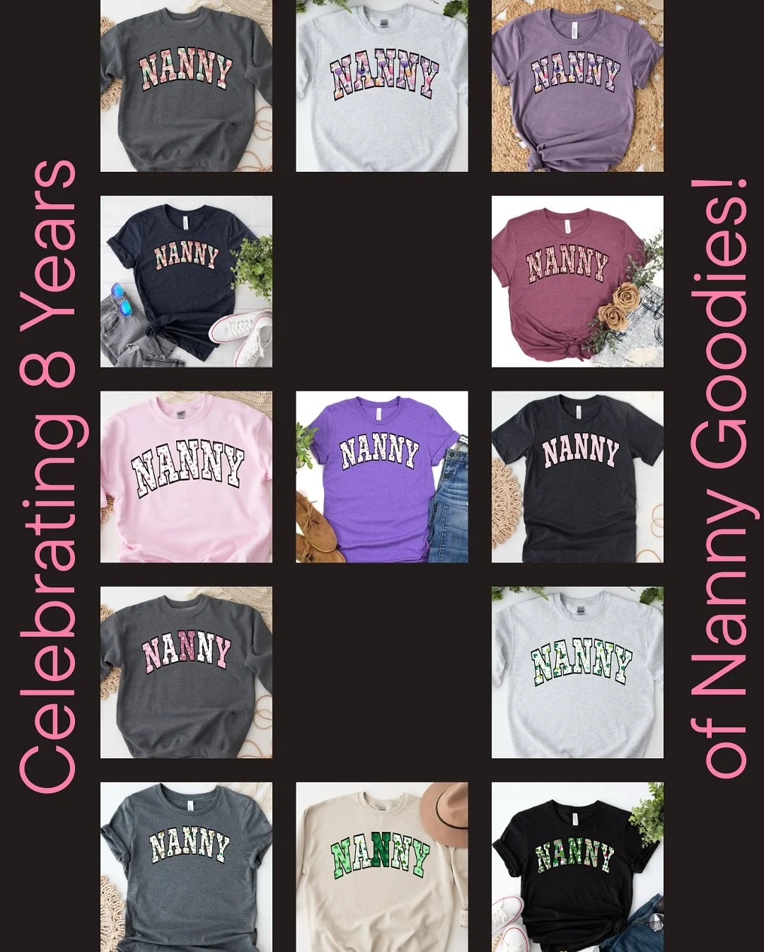 Celebrating 8 years of Nanny Goodies! 🥳

After our wildly successful launch of the NANNY Seasonal Collection last year, I am very excited to continue to grow that with brand new Valentine&rsquo;s Day and St. Patrick&rsquo;s Day shirts and sweatshirt