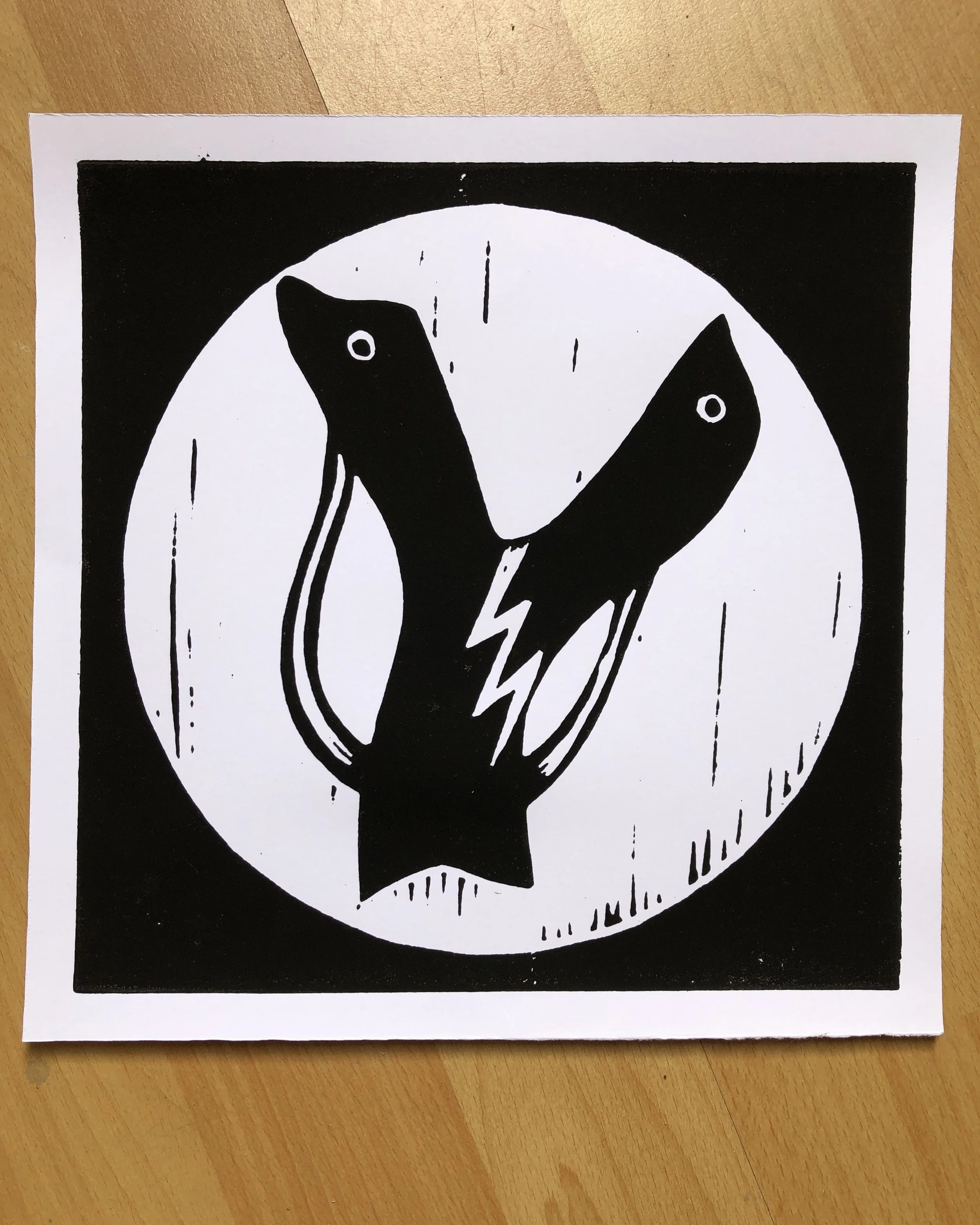 SLINGSHOT (cool white)  Limited edition linocut print on 250g Bristol board 21 x 21cm