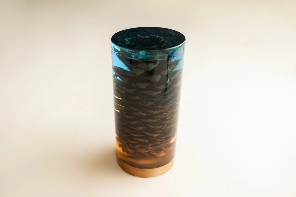 A tall, cylindrical glass filled with small fish swimming in clear water, placed on a light-colored surface against a light background.