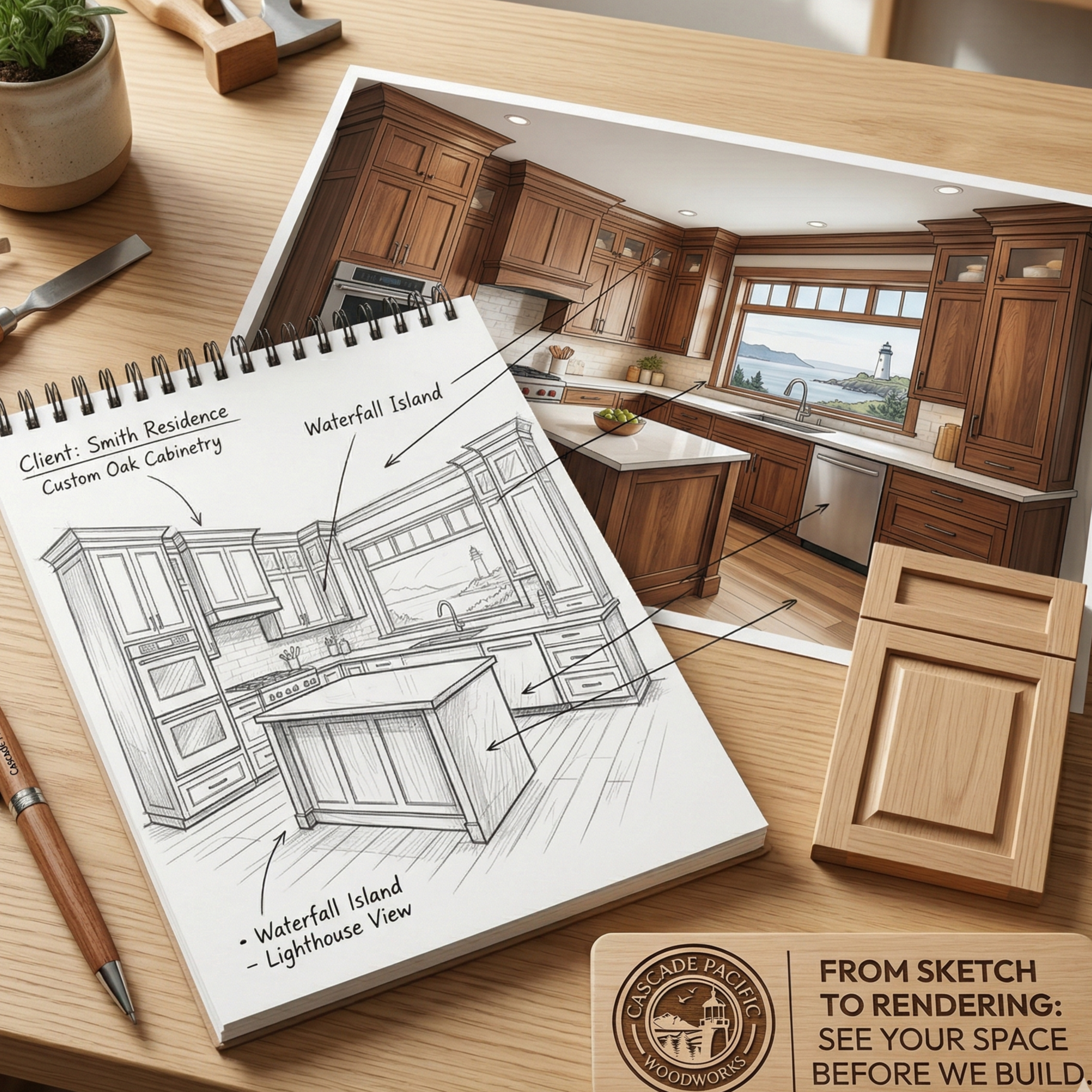 Technical drawing of a wooden watch box with compartments, watch holders, a lid with a wood hinge, two inset compartments, a sliding drawer, and foreseen hardware details.