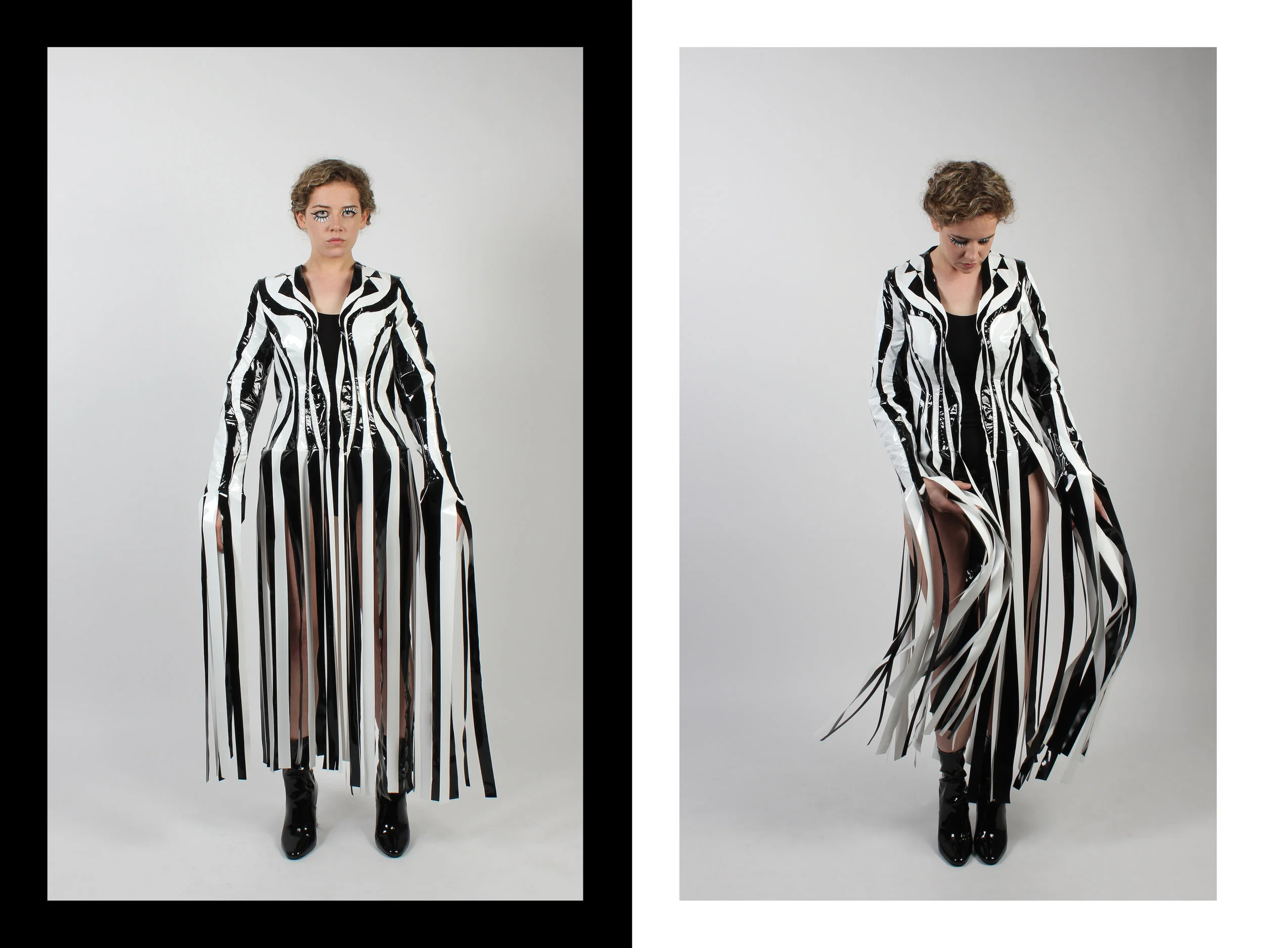 Coat made from plastic. Inspired by dazzle ship camouflage and disruptive colourisation. Designed to give wearer curved shape at bodice.