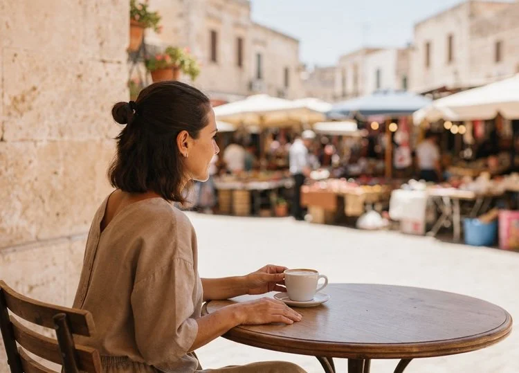 solo woman travelling sat at cafe