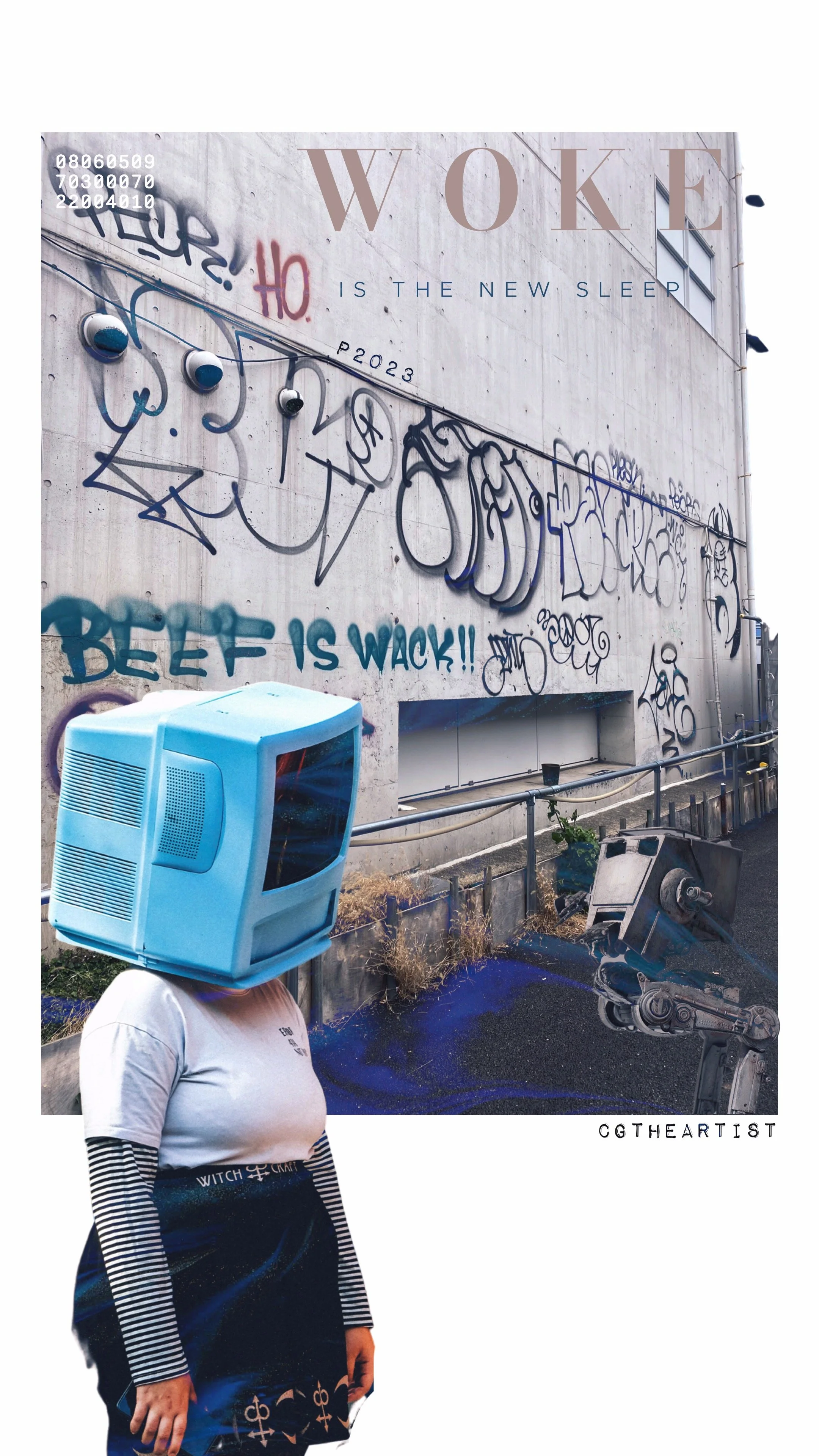 Person wearing a vintage computer monitor as a helmet standing in front of a graffiti-covered wall.