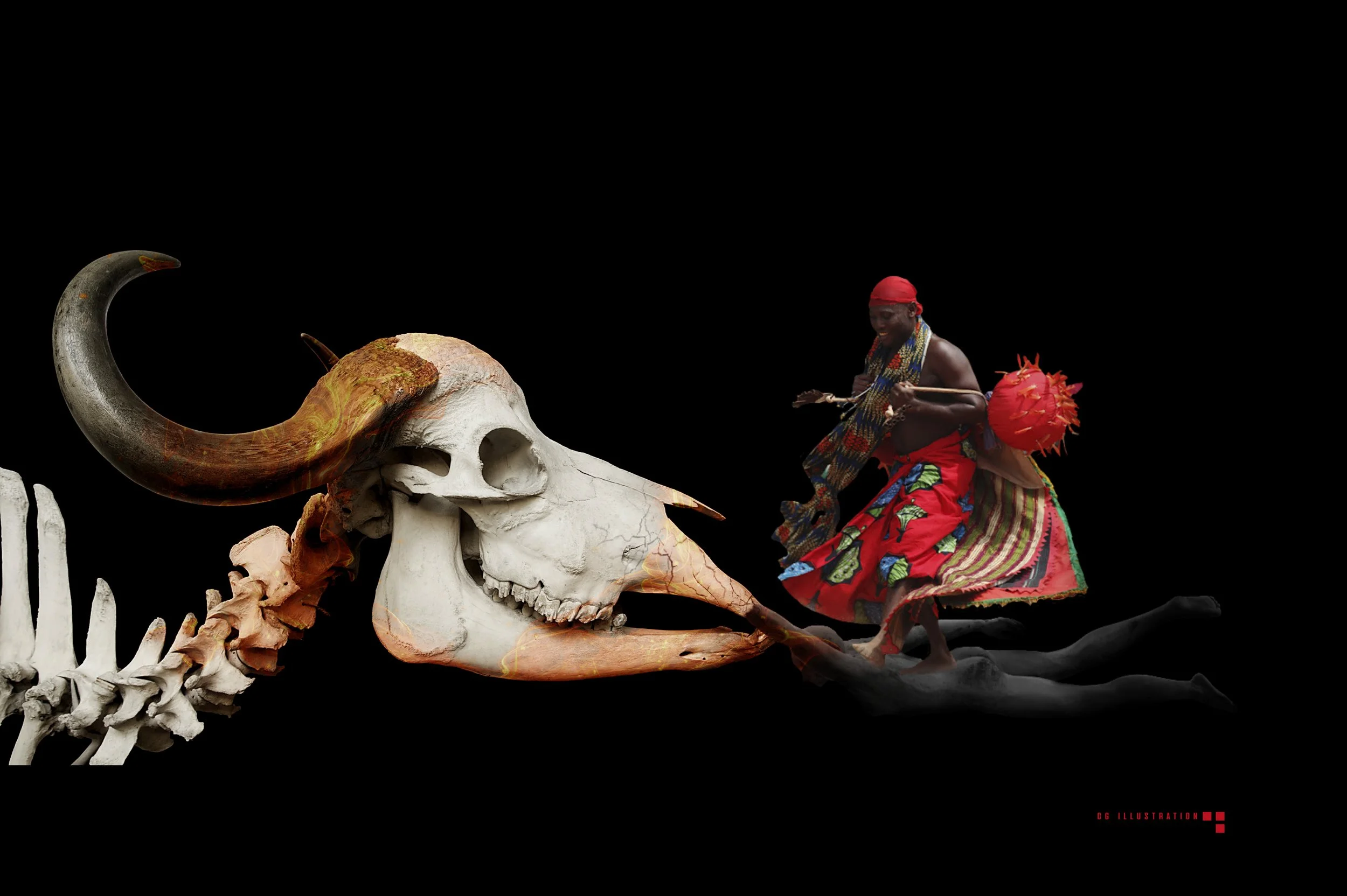 A person dressed in colorful traditional African clothing and headwear, standing next to a large animal skull with prominent horns, set against a black background.