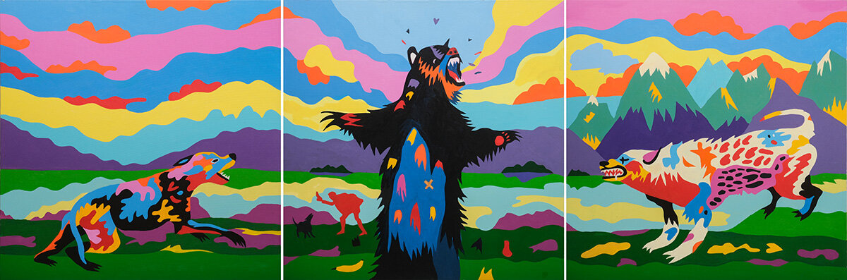   Stinky and Zeke vs the Garbage Bear  (triptych)   Acrylic on canvas, 36x36 inches each 