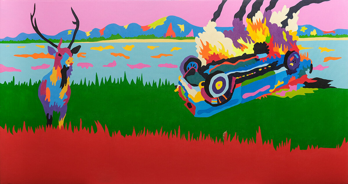   War of the Elks Part II    Acrylic on canvas, 52x96 inches 