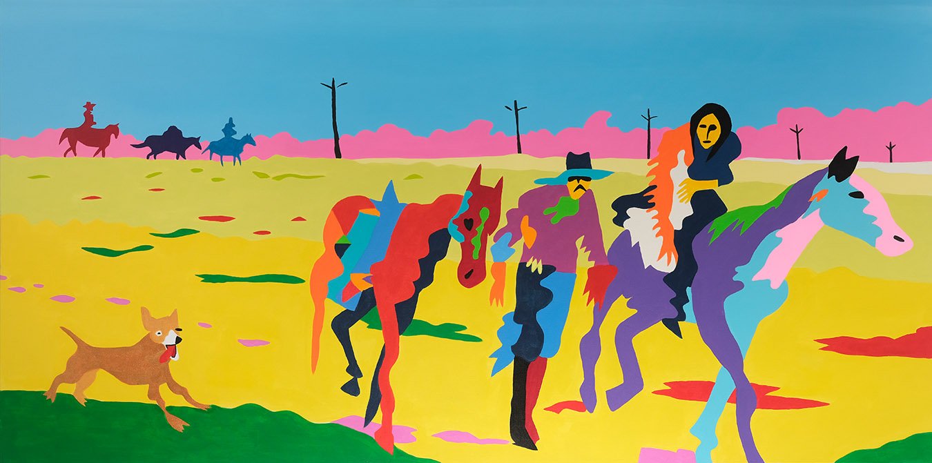   Flight From Sweetgrass: Vitale and Maria Break North    Acrylic on canvas, 36x72 inches 