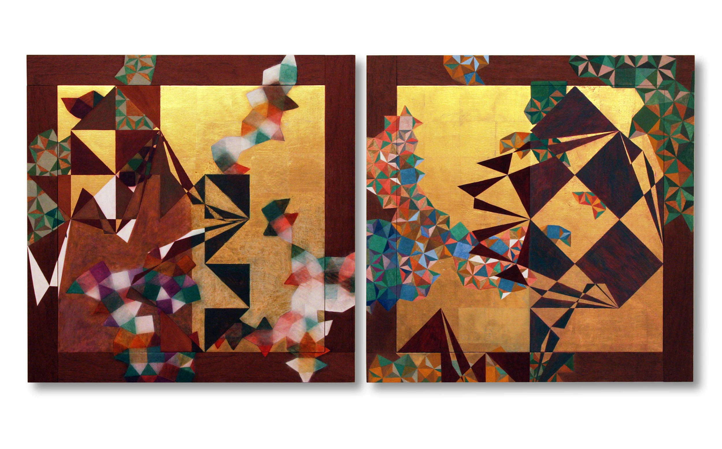 Sky Tree pigment in glue size, tempera, gold leaf and oil glazing on gesso in mahogany frame diptychi, 60 x 60 cms each excluding the frames
