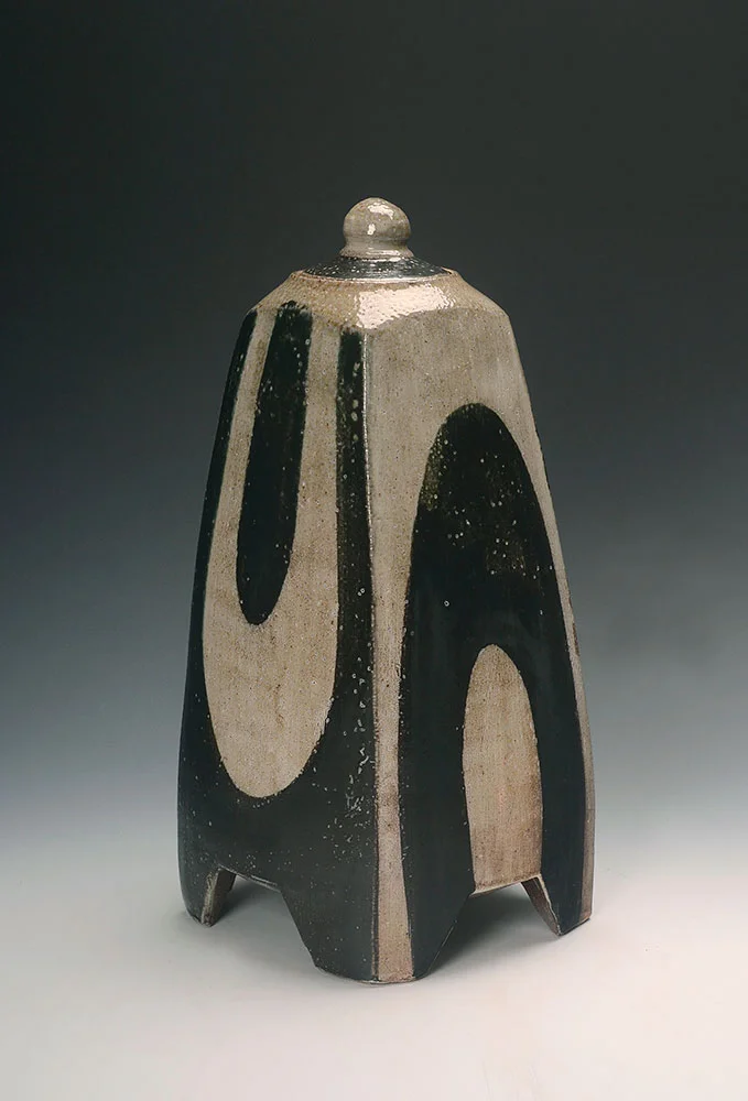 10. Square Footed Lidded Jar with U’s , wood-fired, salt-glazed stoneware, 14"h (2017)