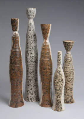 Five Dipped and Marked Bottles, tallest 34”h