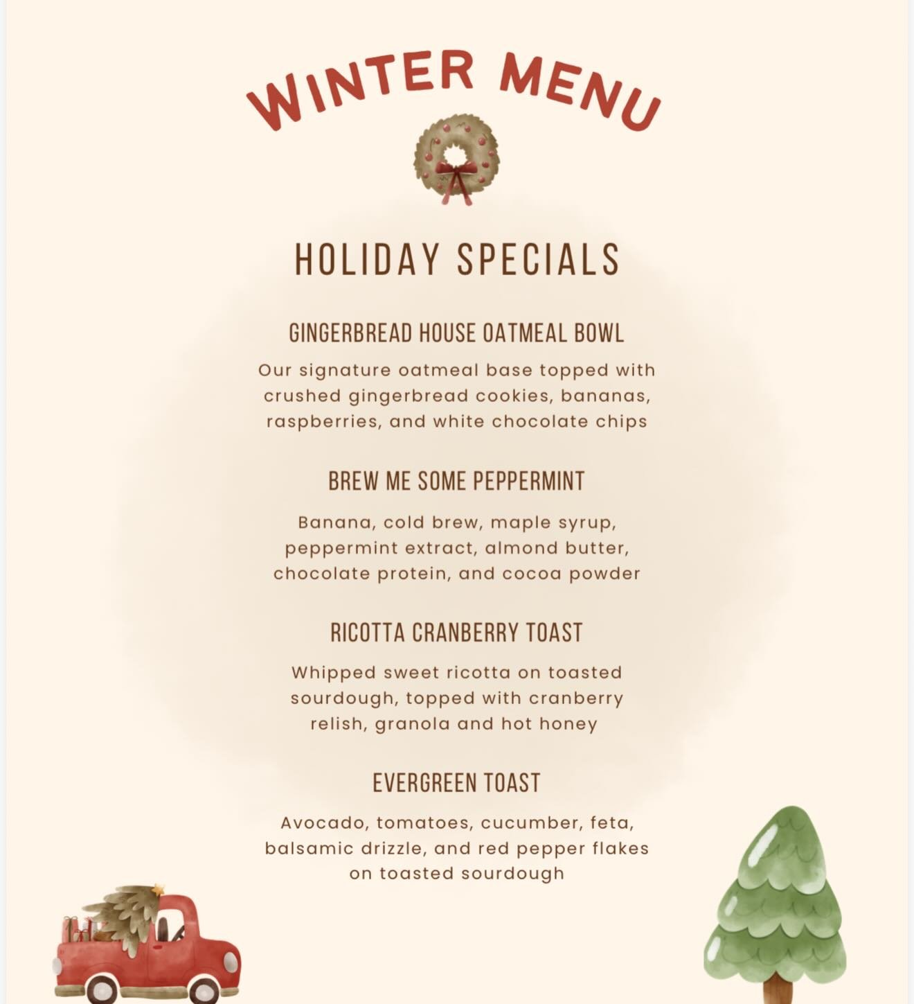 when december brings in the cold, we bring in your new holiday favorites🎄 comment what you&rsquo;re most excited to try!

☃️NOW AVAILABLE☃️

❄️evergreen toast
❄️gingerbread house oatmeal bowl
❄️sweet ricotta and cranberry toast
❄️brew me some pepper