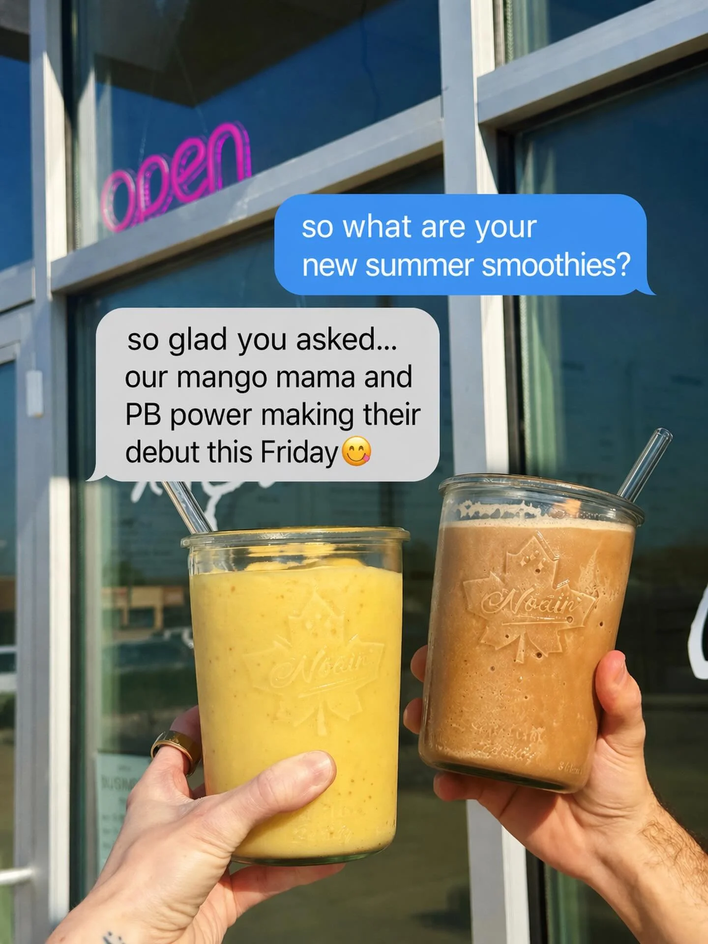 DAY 3👀☀️

🥭Mango Mama
🥜 PB Power 

Fruity or protein.. which one you picking? 🤭 

Drops Friday 
New menu 4/24 ✨