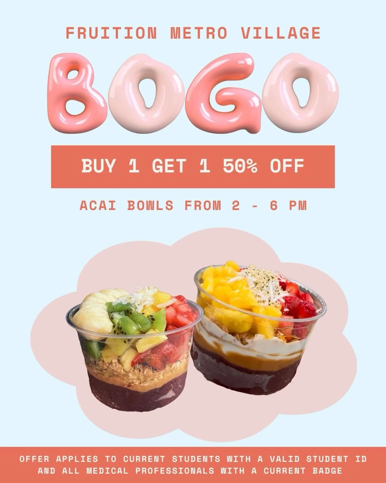 We&rsquo;re showing love to our students + healthcare heroes 💙
BOGO 50% off a&ccedil;a&iacute; bowls starts TODAY, 2&ndash;6 PM Mon-Fri
Tag who you&rsquo;re bringing with you 👇