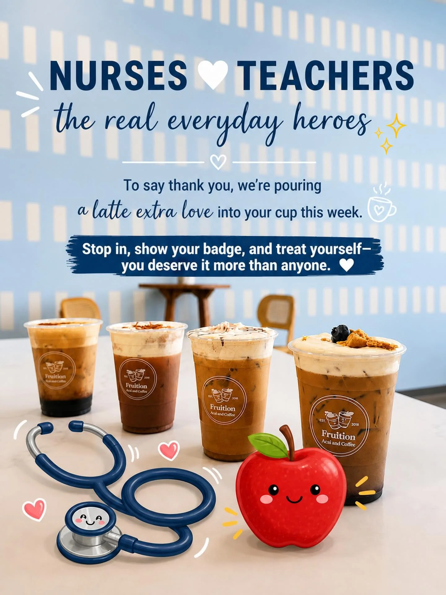 Nurses 🤍 Teachers &mdash; this one&rsquo;s for YOU ☕️✨

This week (Monday&ndash;Friday), come in and enjoy a FREE latte on us!
One per person | 6AM&ndash;1PM

Just show your badge and let us treat you&mdash;you&rsquo;ve earned it 💙