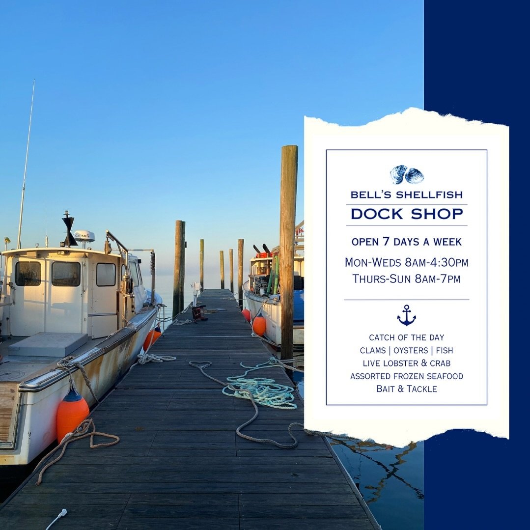 It&rsquo;s time ☀️ extended hours start now! Thurs-Sun the Dock Shop will be open from 8am-7pm for all of your fishing and seafood needs 🎣🦞🦪 looking to have a raw bar or clambake at your summer parties? We can help!