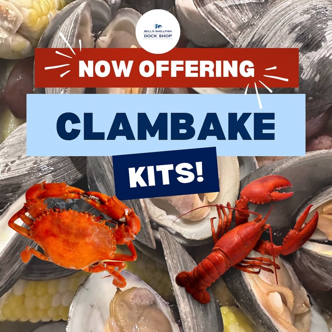 New to our summer lineup at the Dock Shop, we now will be offering 3 varieties of clambake kits! 🤩✨

Kit options:
🦪 THE STANDARD: clams, corn &amp; potatoes
🦞 LOBSTER: 4 lobsters + the standard
🦀 CRAB: 8 crabs + the standard

Each kit serves ~4 a