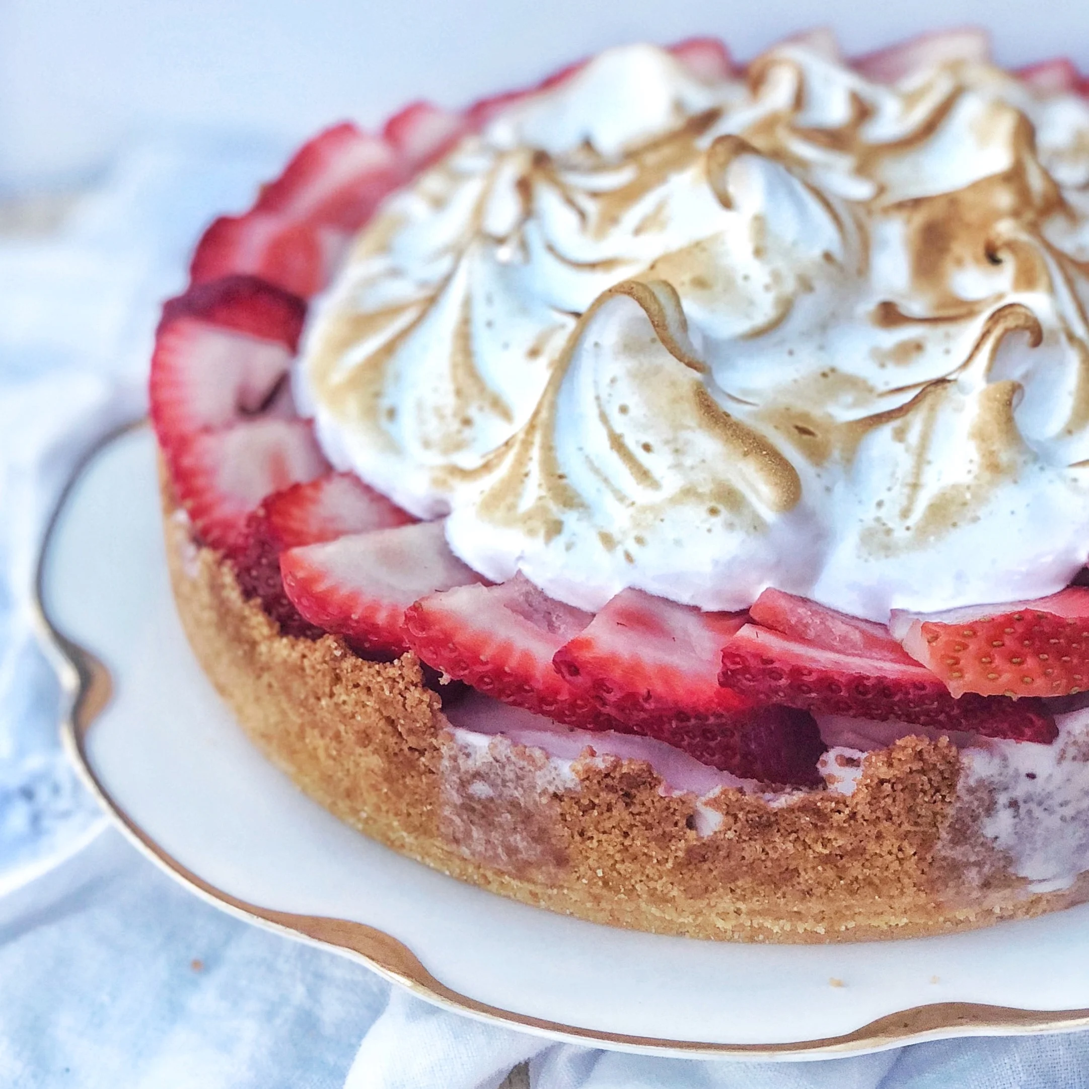 Strawberry Ice Cream Pie w' Lemon Biscotti Crust and Marshmallow topping