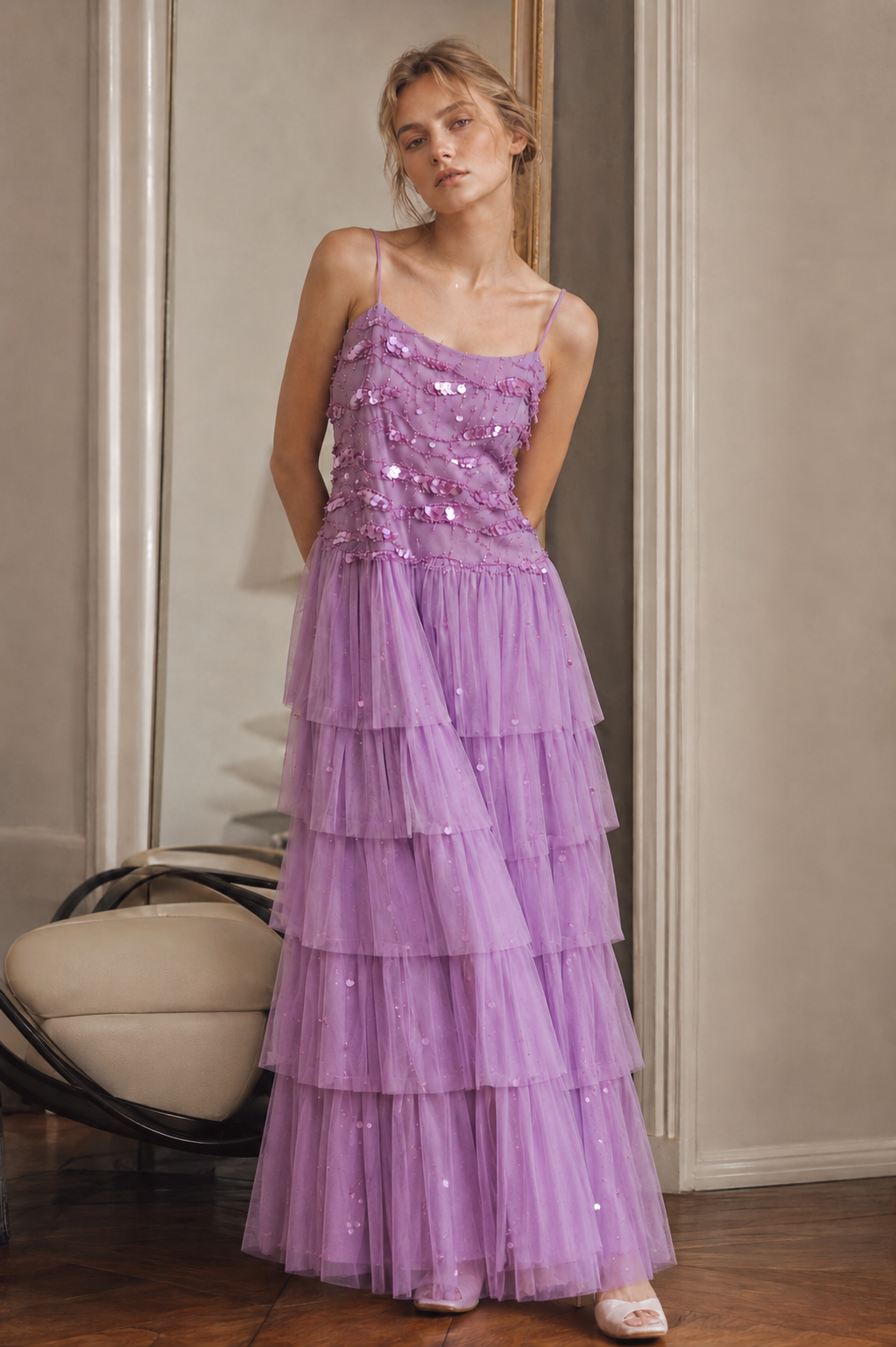 Vestido Lavanda de Tul y Lentejuelas