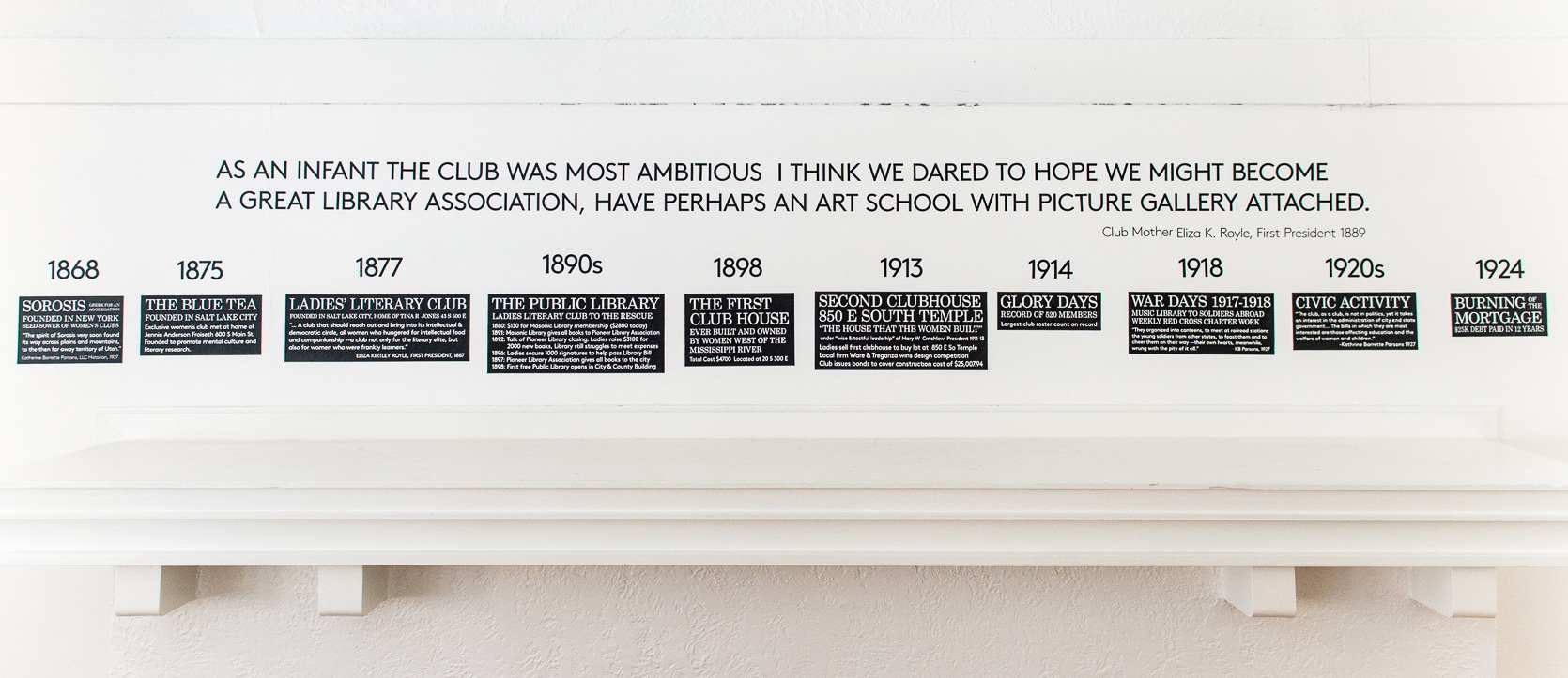 Historic Timeline of the early days, quoting Eliza K Royle, First President of the LLC in 1877.