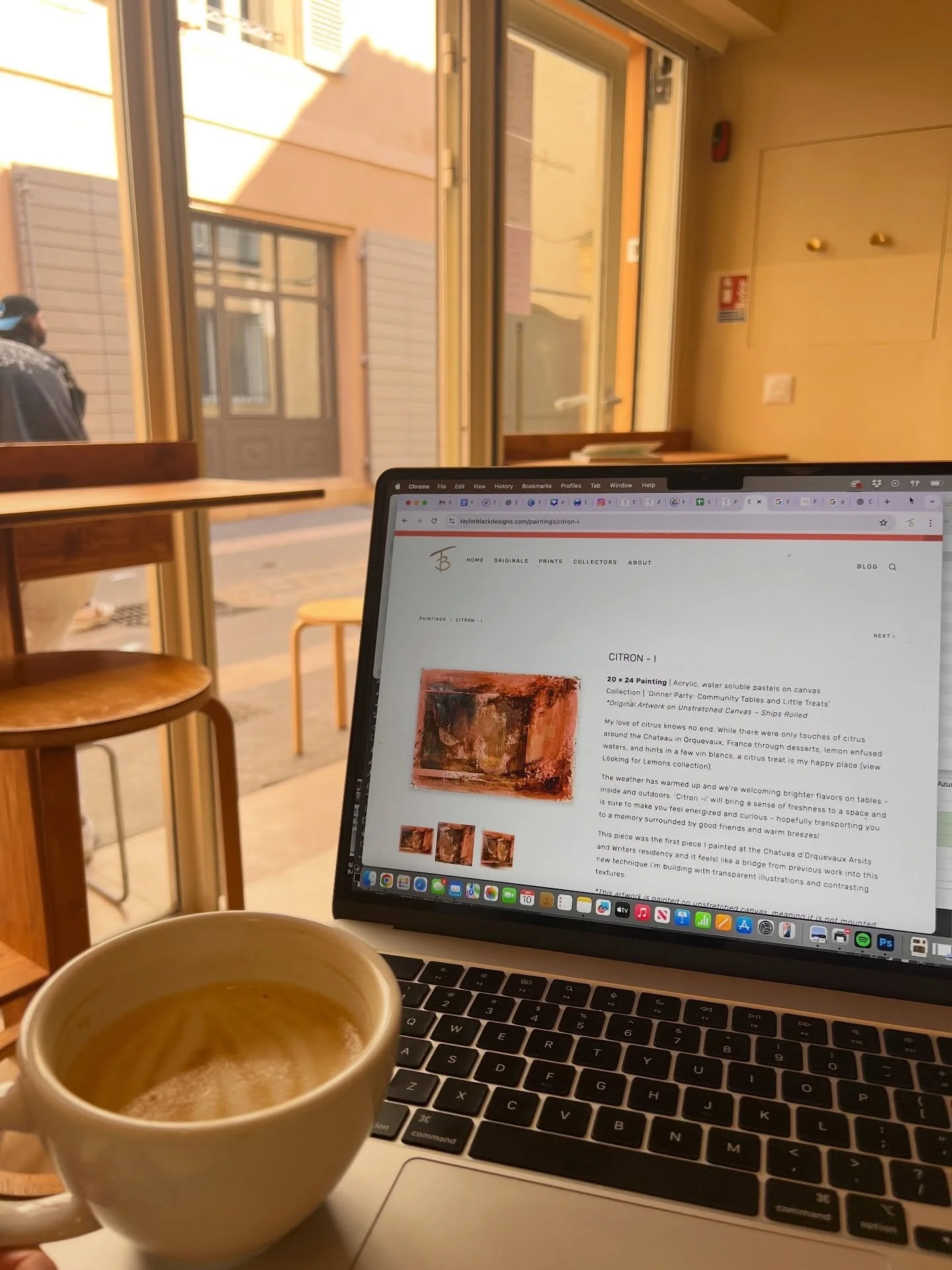 Enjoying a little treat at @lecafeadore in Aix-en-Provence and counting the hours to release this new Dinner Parties: Community Tables &amp; Little Treats collection of paintings created during my time at @chateau_orquevaux residency. 

🧀🍷These ori