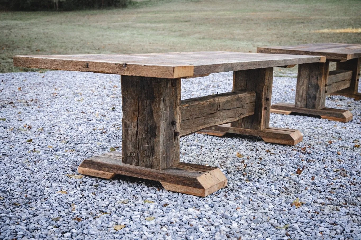 These two custom tables were reclaimed from a barn and will remain with the same property for many years to come. Reusing old timber is a labor intensive process, but the results are a stunning finished product, and useful preservation of a resource.