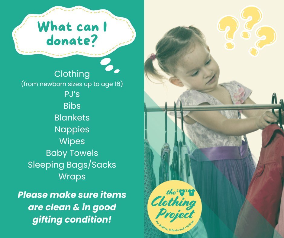 🧸💛 What We Accept 💛🧸
Helping whānau starts with your generous donations! Here's what we can use:
👕 Clothing (newborn–age 16) – clean + in good gifting condition
🛏️ Baby towels, wraps, blankets
🍼 Bibs, nappies (sealed), wipes
🧦 PJ