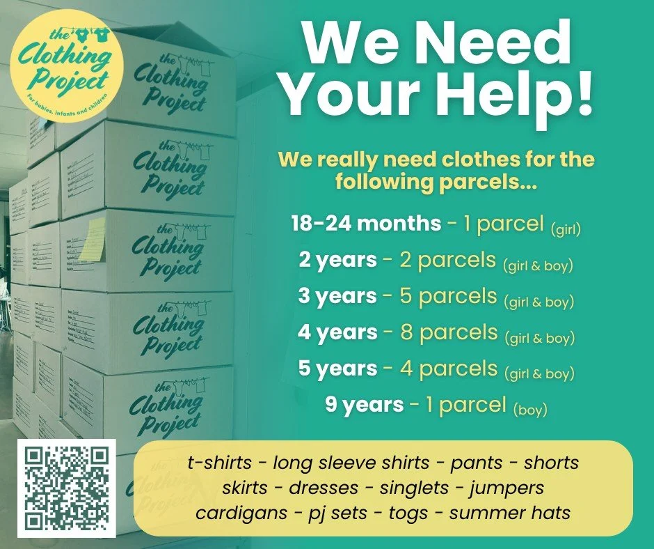 We’re running low on clothing for some of our current kids’ parcels and would love your help π We’re currently needing:
π 1x 18–24 months (girl)
π 2x 2 years (boy & girl)
π 5x 3 years (boy & girl)
π 8x 4 years (bo
