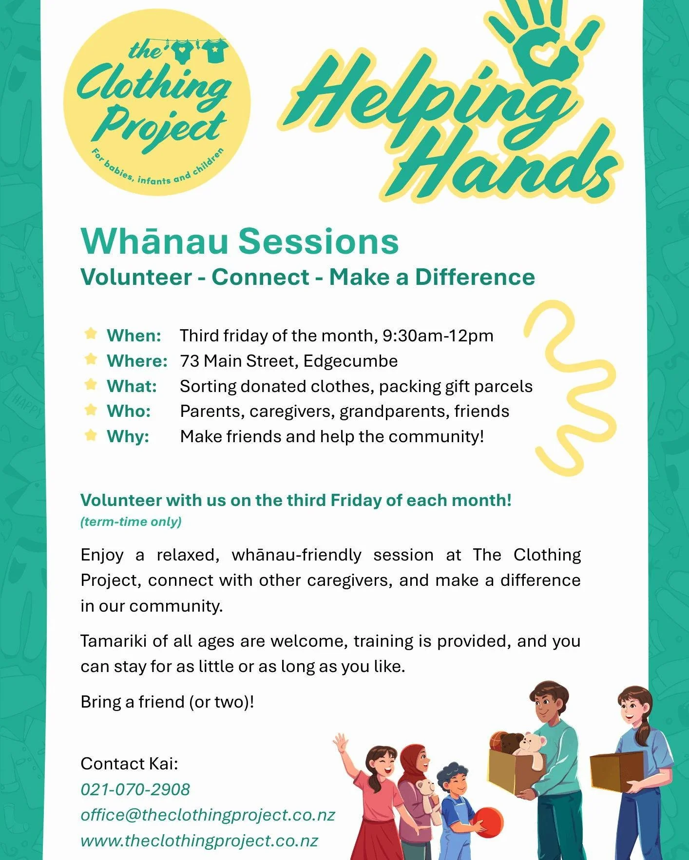 Join us on the third Friday of each month (term-time only) at The Clothing Project for a relaxed, whānau-friendly volunteering session. 

❤️ When: Third Friday of each month, 9:30am &ndash; 12pm (term-time only)
🧡 Where: 73 Main Street, Edgecumbe
💛