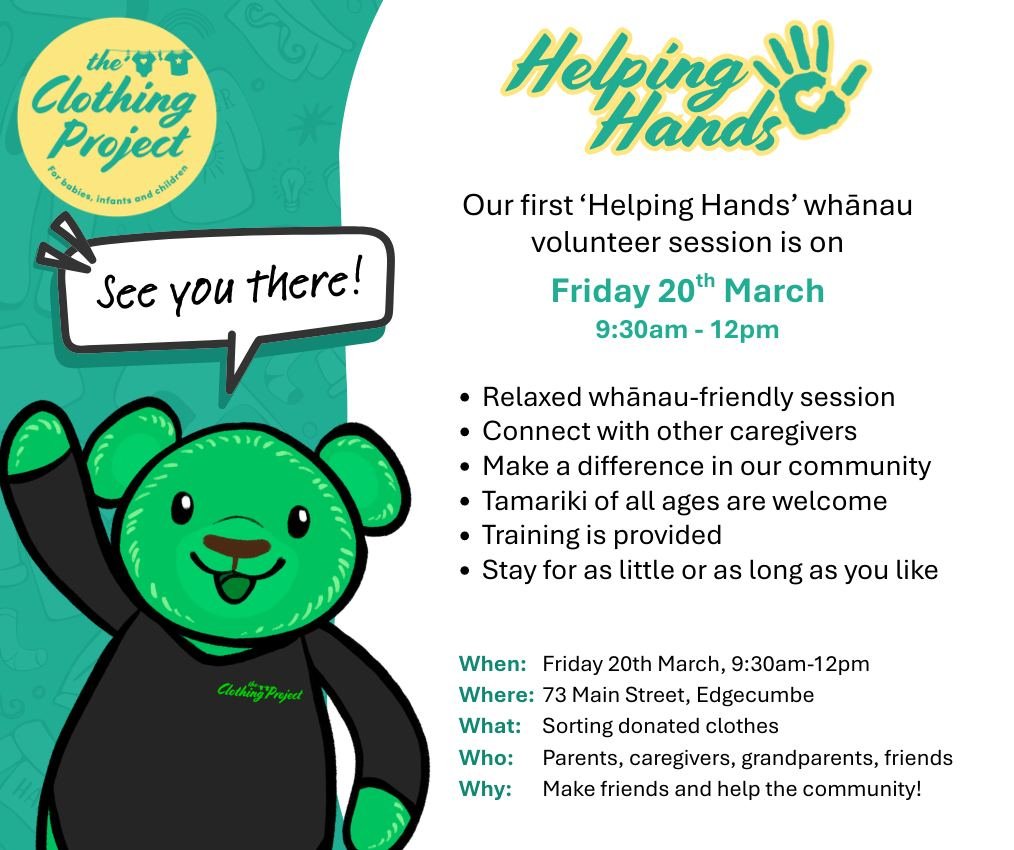Next Friday is our very first Whānau &ldquo;Helping Hands&rdquo; session! 🤝
Friday 20th March
9:30am &ndash; 12pm
73 Main Street Edgecumbe

All parents, grandparents, and carers are welcome. Bring the tamariki, bring a friend, and come along for a c