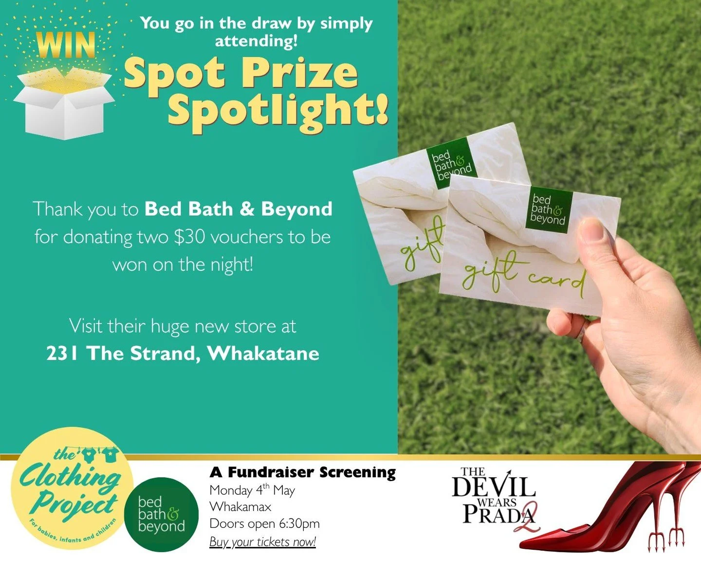 ✨ A huge THANK YOU to Bed Bath &amp; Beyond Whakatāne for their generous support of our movie night fundraiser! 💖
They&rsquo;ve gone above and beyond by donating not one, but TWO $30 gift vouchers &ndash; meaning two lucky winners will be able to tr