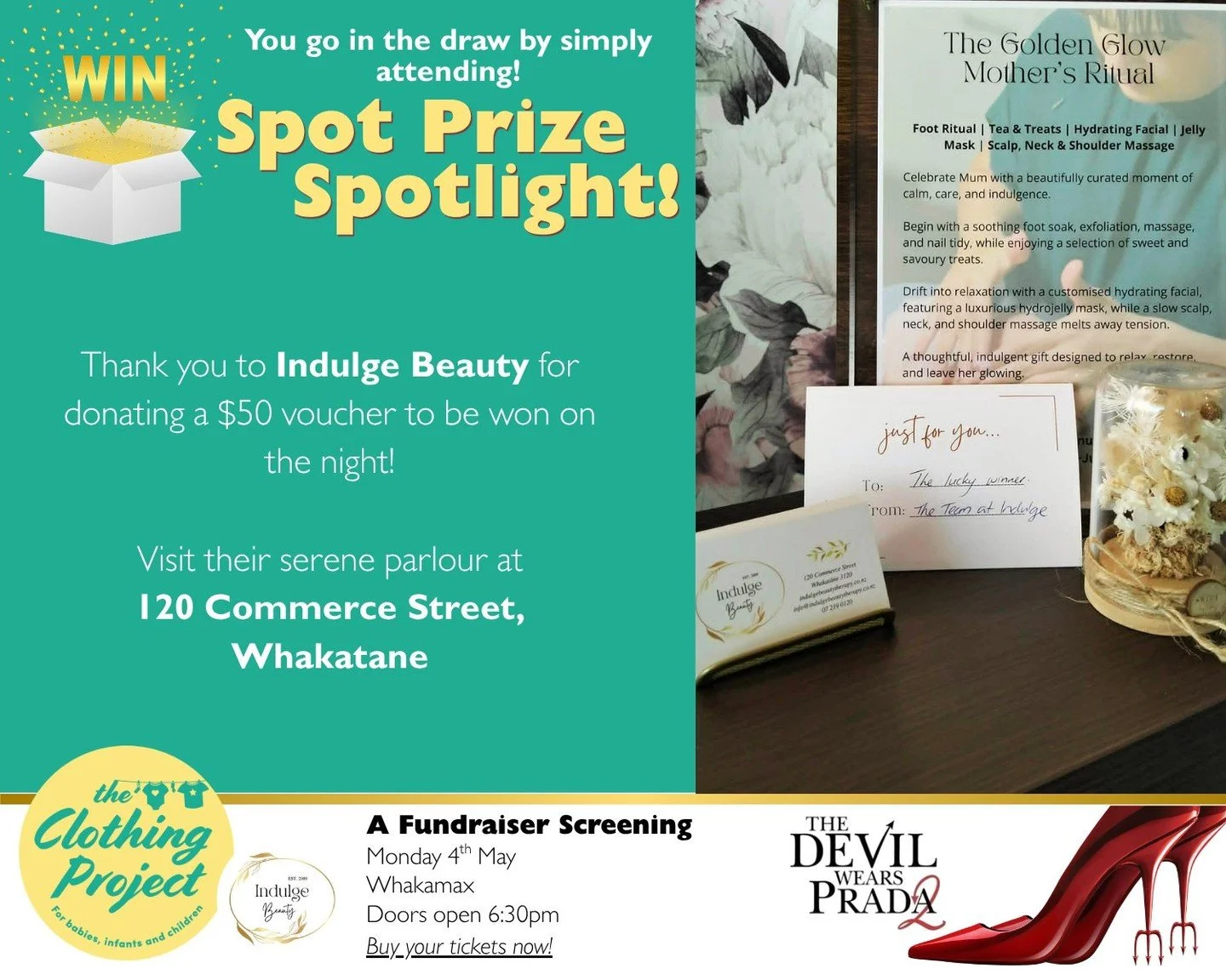 ✨ A huge THANK YOU to Indulge Beauty Whakatane  for their generous support of our movie night fundraiser! 💖
They&rsquo;ve kindly donated a $50 gift certificate &ndash; the perfect treat for one lucky winner to enjoy a little pampering and self-care 