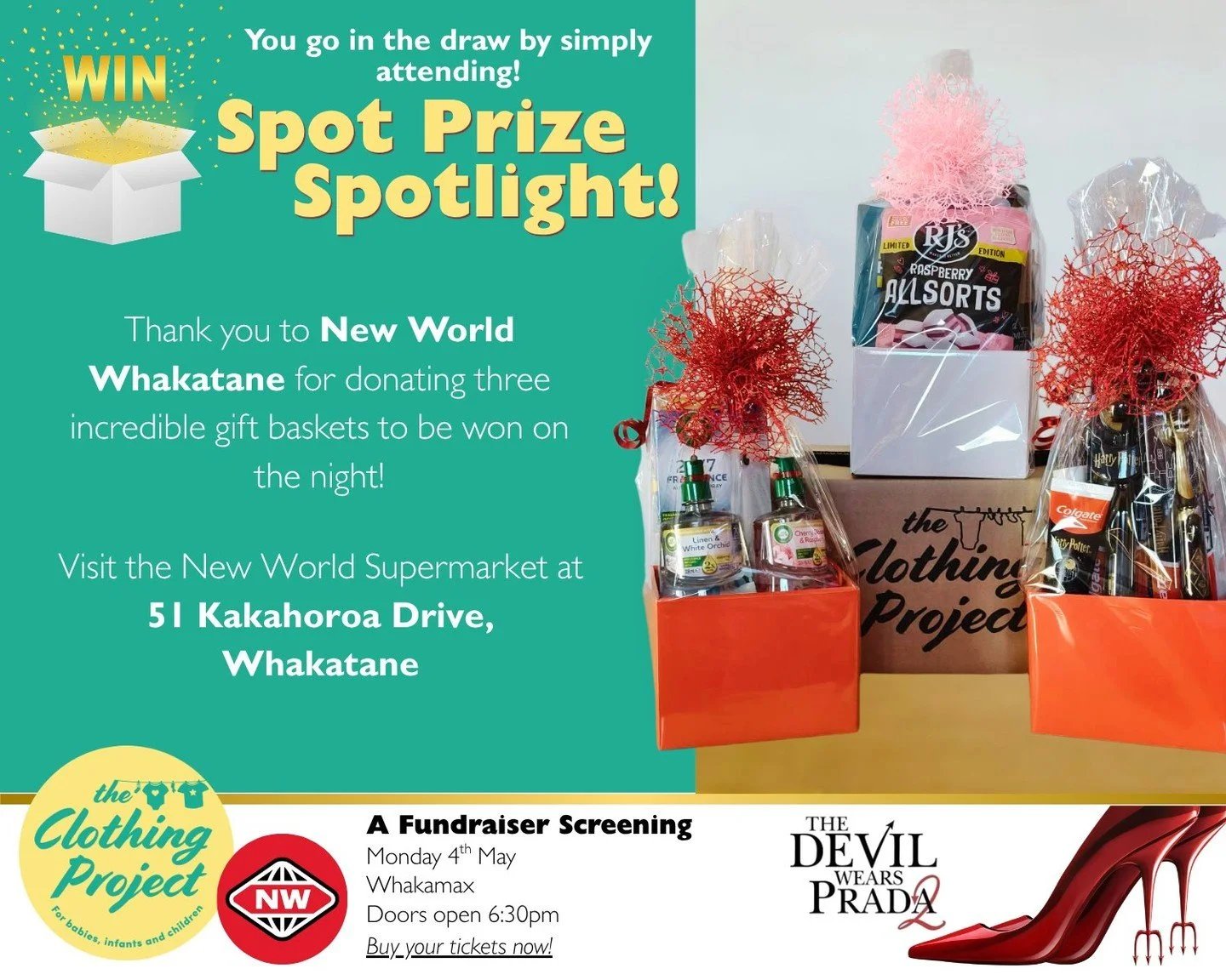 ✨ A huge THANK YOU to New World Whakatāne for their incredible support of our movie night fundraiser! 💖
They&rsquo;ve generously donated THREE beautifully packaged gift baskets &ndash; that&rsquo;s three lucky winners who will be taking home somethi
