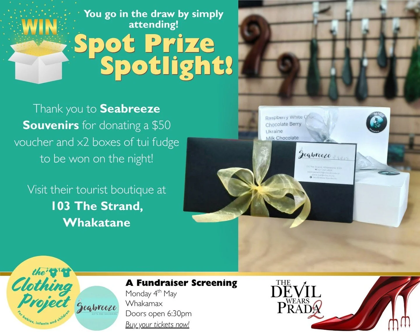 ✨ A huge THANK YOU to Seabreeze Souvenirs for their generous support of our movie night fundraiser! 💖
They&rsquo;ve kindly donated a $50 gift certificate along with two boxes of their delicious Tui Fudge &ndash; such a fun and indulgent treat for th