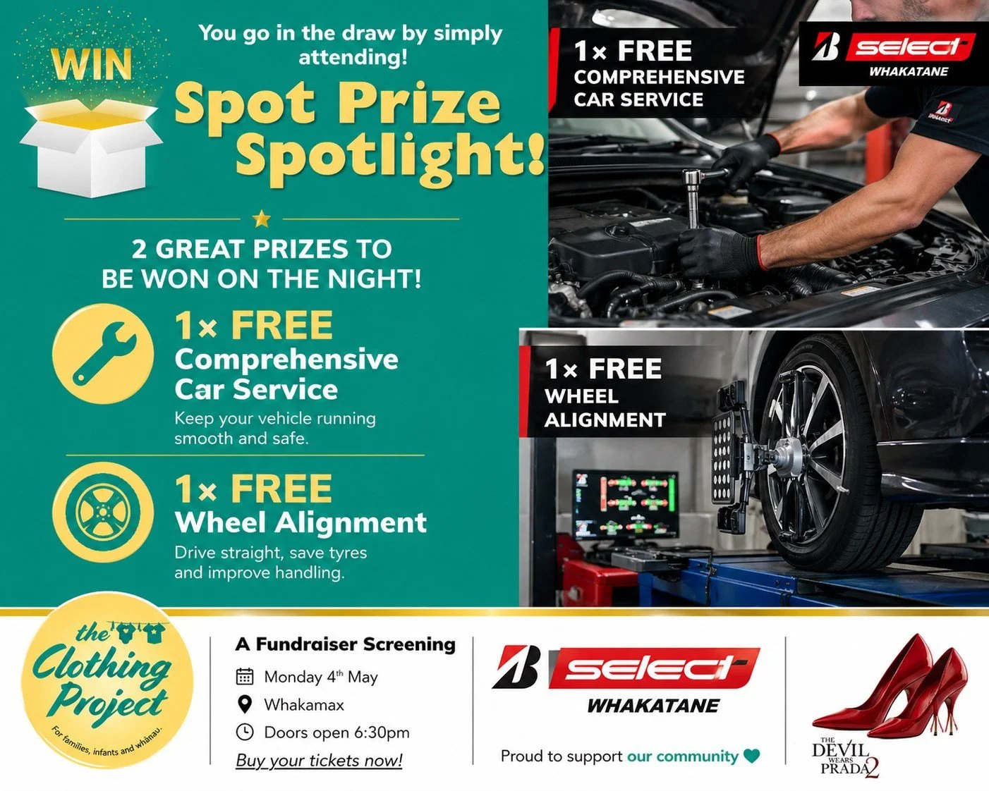 ✨ A huge THANK YOU to Bridgestone Select Whakatāne for reaching out and generously supporting our movie night fundraiser! 💖
They&rsquo;ve kindly donated one comprehensive vehicle service and one wheel alignment &ndash; an amazing practical prize for