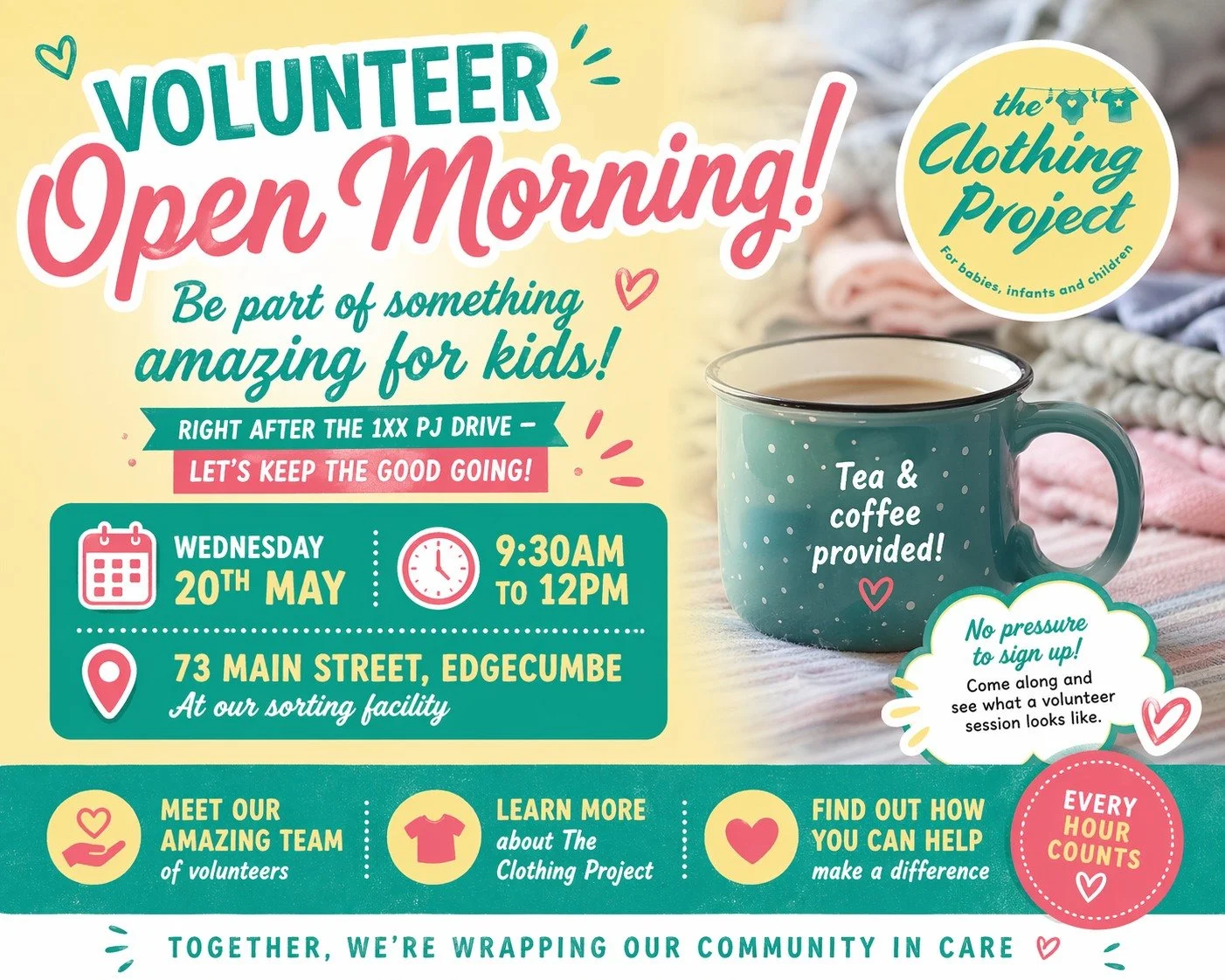 Curious about volunteering? Come check us out! 👀💛

We&rsquo;re hosting a Volunteer Open Morning&mdash;no pressure, just good vibes, great people, and a chance to see what we do behind the scenes.

☕ Tea &amp; coffee
💛 Meet the team
👕 See the magi