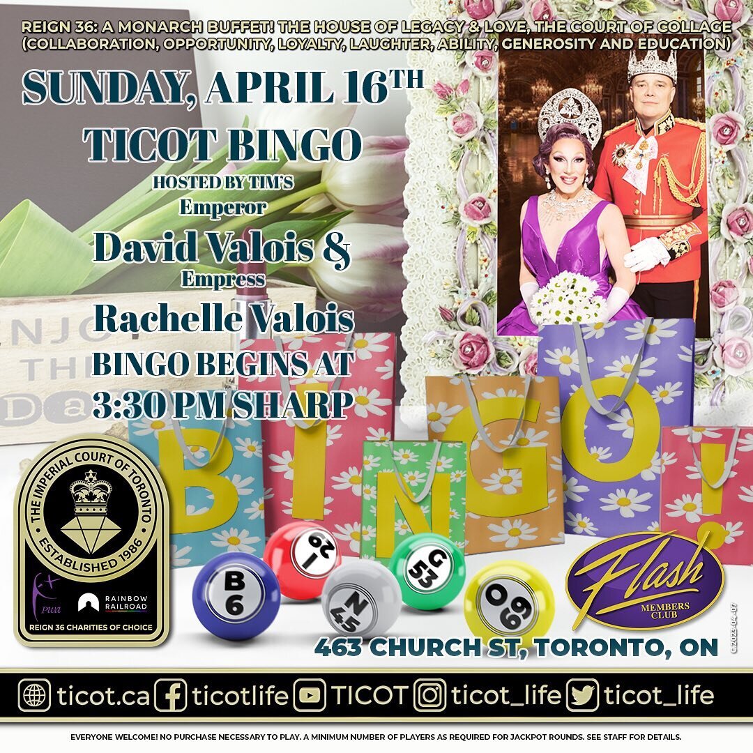 The weekend&rsquo;s not over until someone yells BINGO! Join Empress @rachellevalois_ and Emperor @davidvalois_ in &ldquo;Flash Gives Back&rdquo; to help raise fund for TICOT&rsquo;s reign 36 charities of choice @torontopwa and @rainbowrailroad 
The 